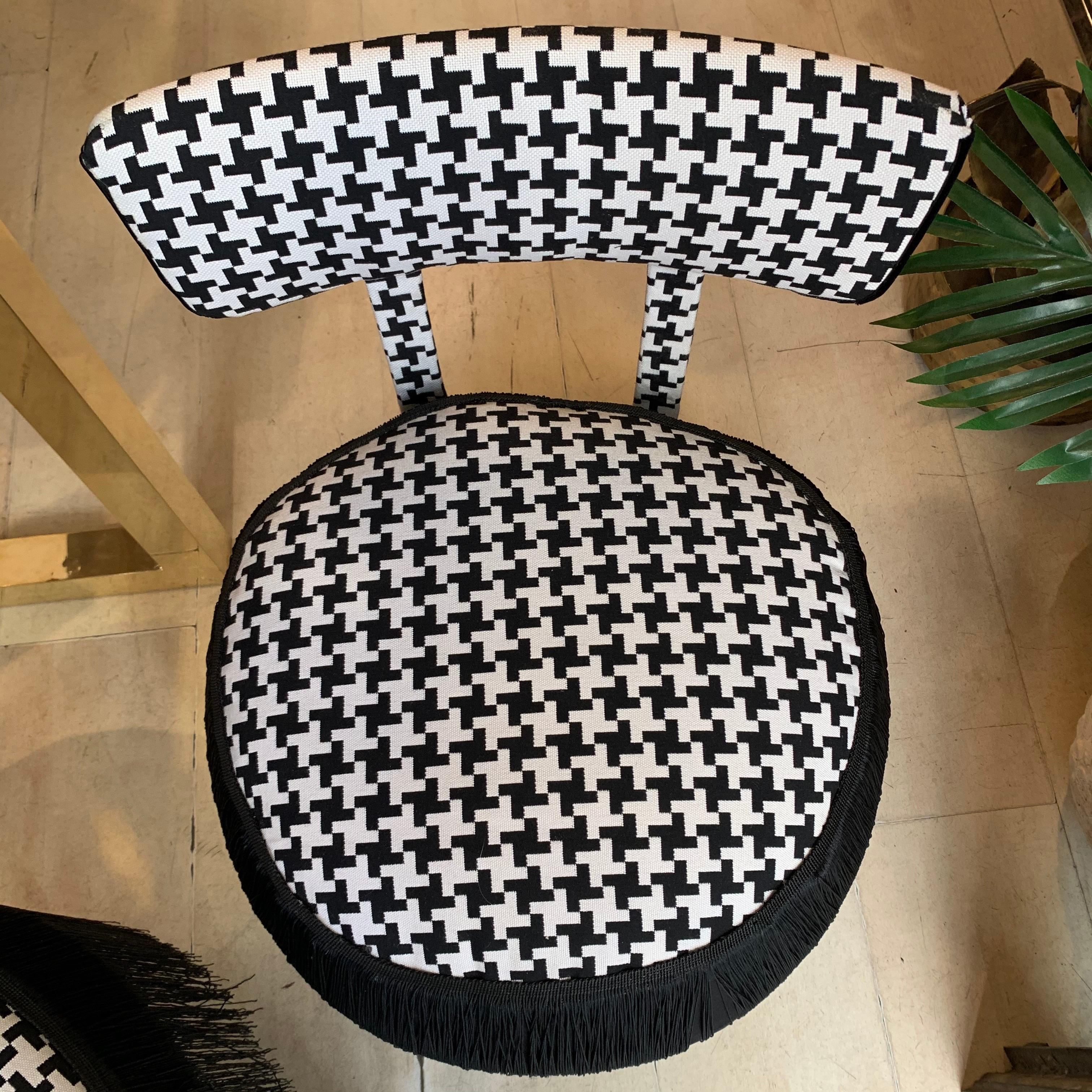 Pair of Midcentury Small Padded Chairs Houndstooth Fabric with Black Fringe 3