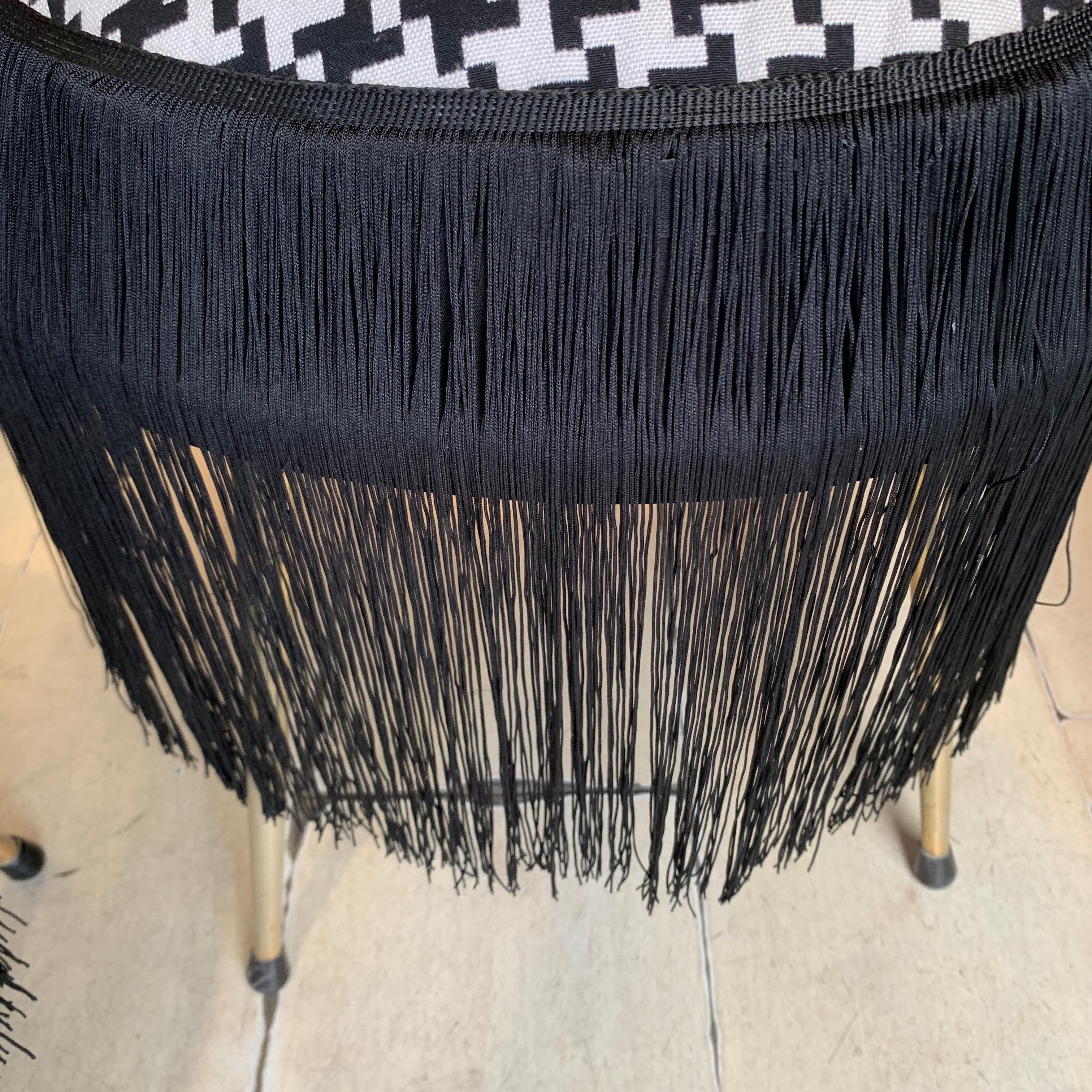 Pair of Midcentury Small Padded Chairs Houndstooth Fabric with Black Fringe 4