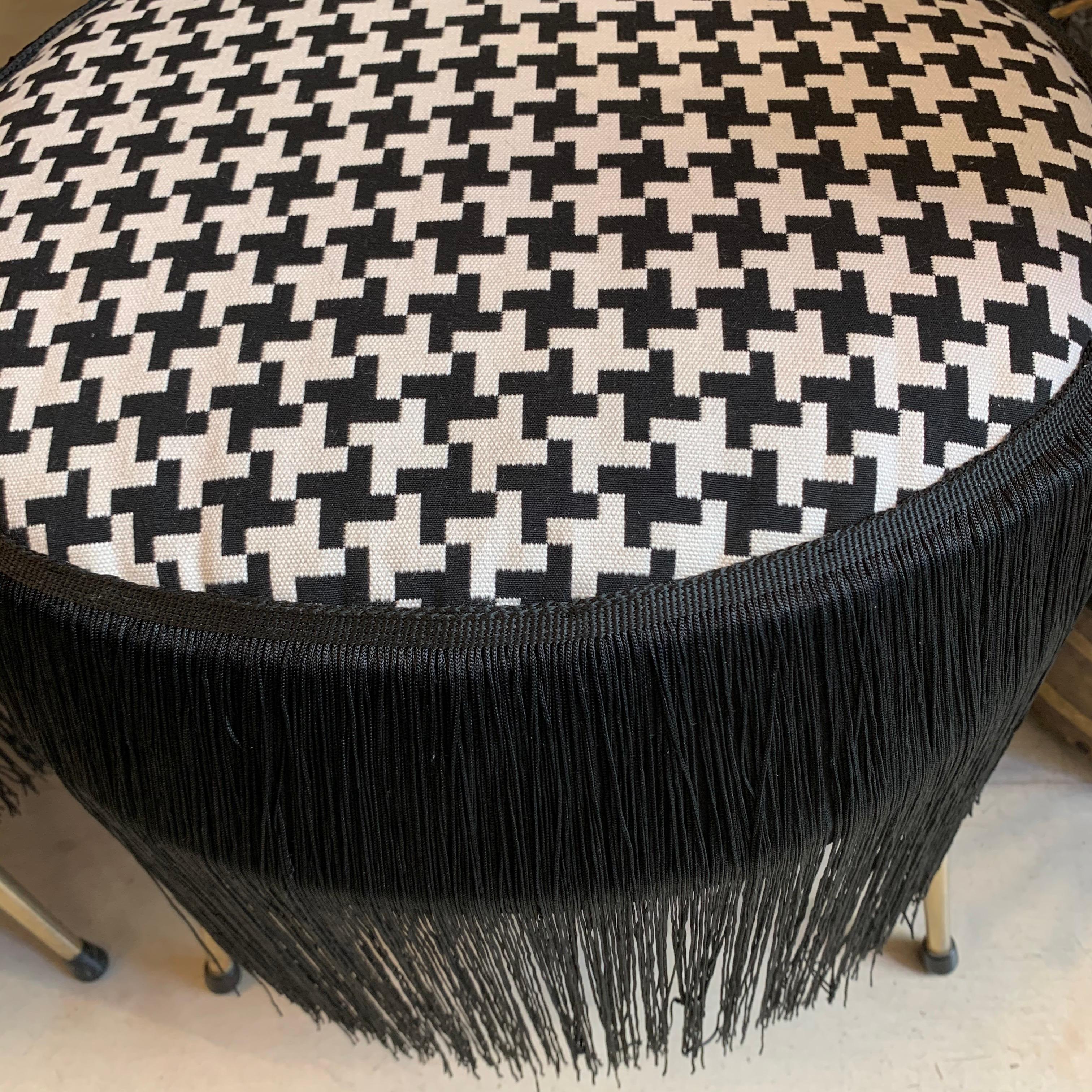 Pair of Midcentury Small Padded Chairs Houndstooth Fabric with Black Fringe 7