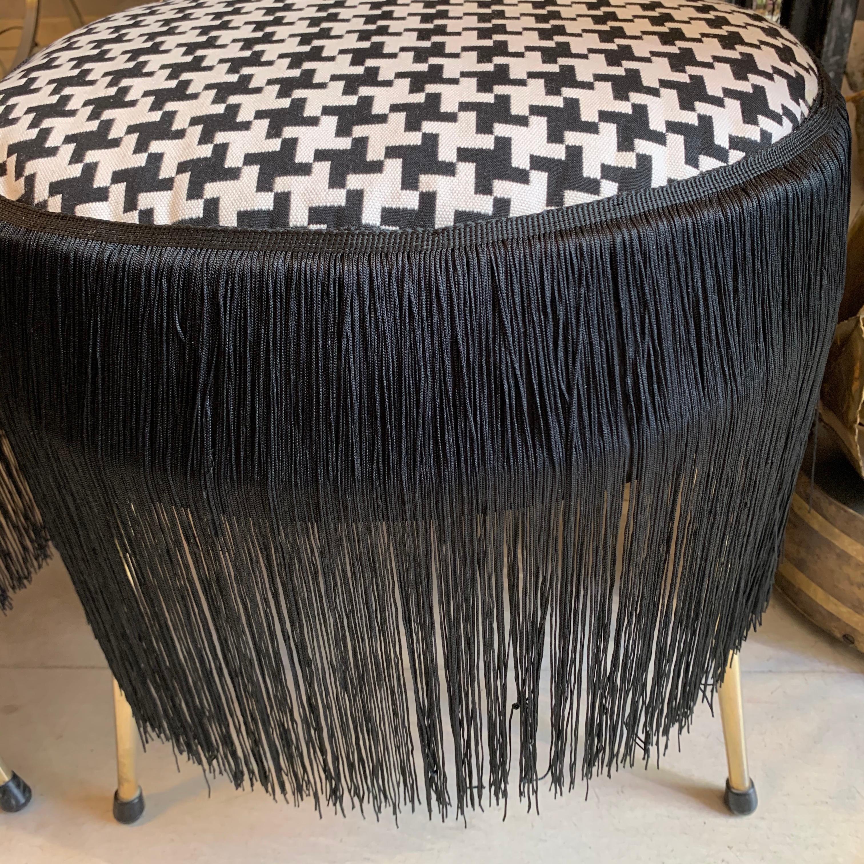 Pair of Midcentury Small Padded Chairs Houndstooth Fabric with Black Fringe 8