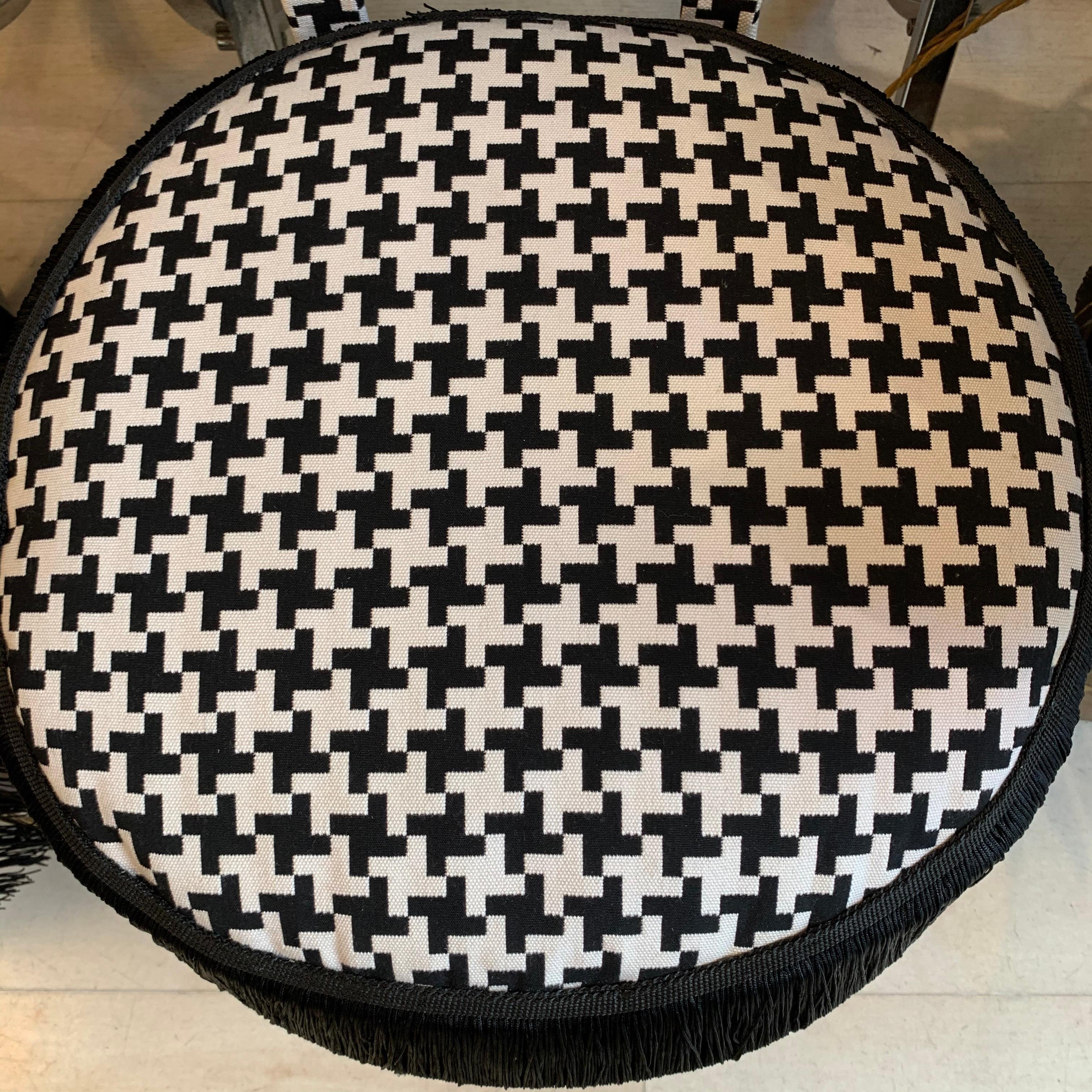 Pair of Midcentury Small Padded Chairs Houndstooth Fabric with Black Fringe 9