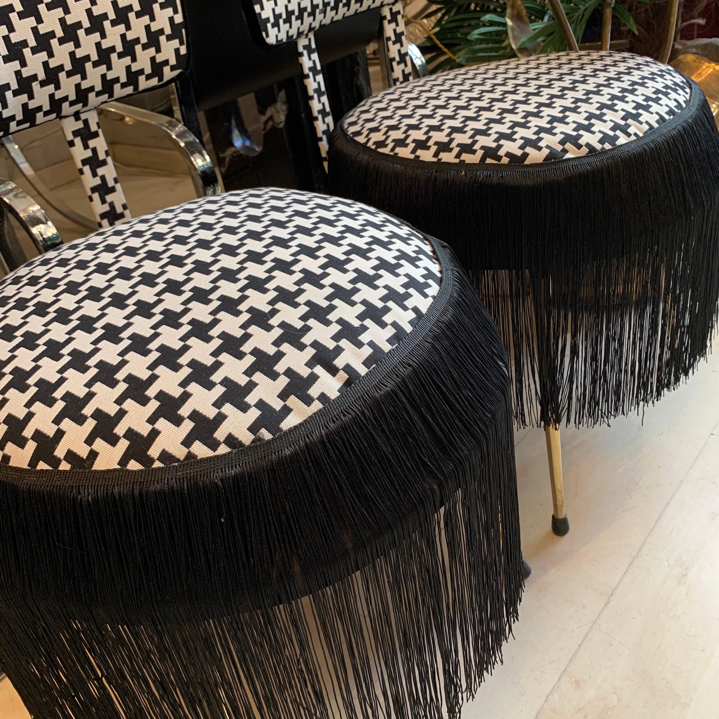 Pair of Midcentury Small Padded Chairs Houndstooth Fabric with Black Fringe 10