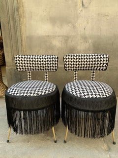 Pair of Midcentury Small Padded Chairs Houndstooth Fabric with Black Fringe