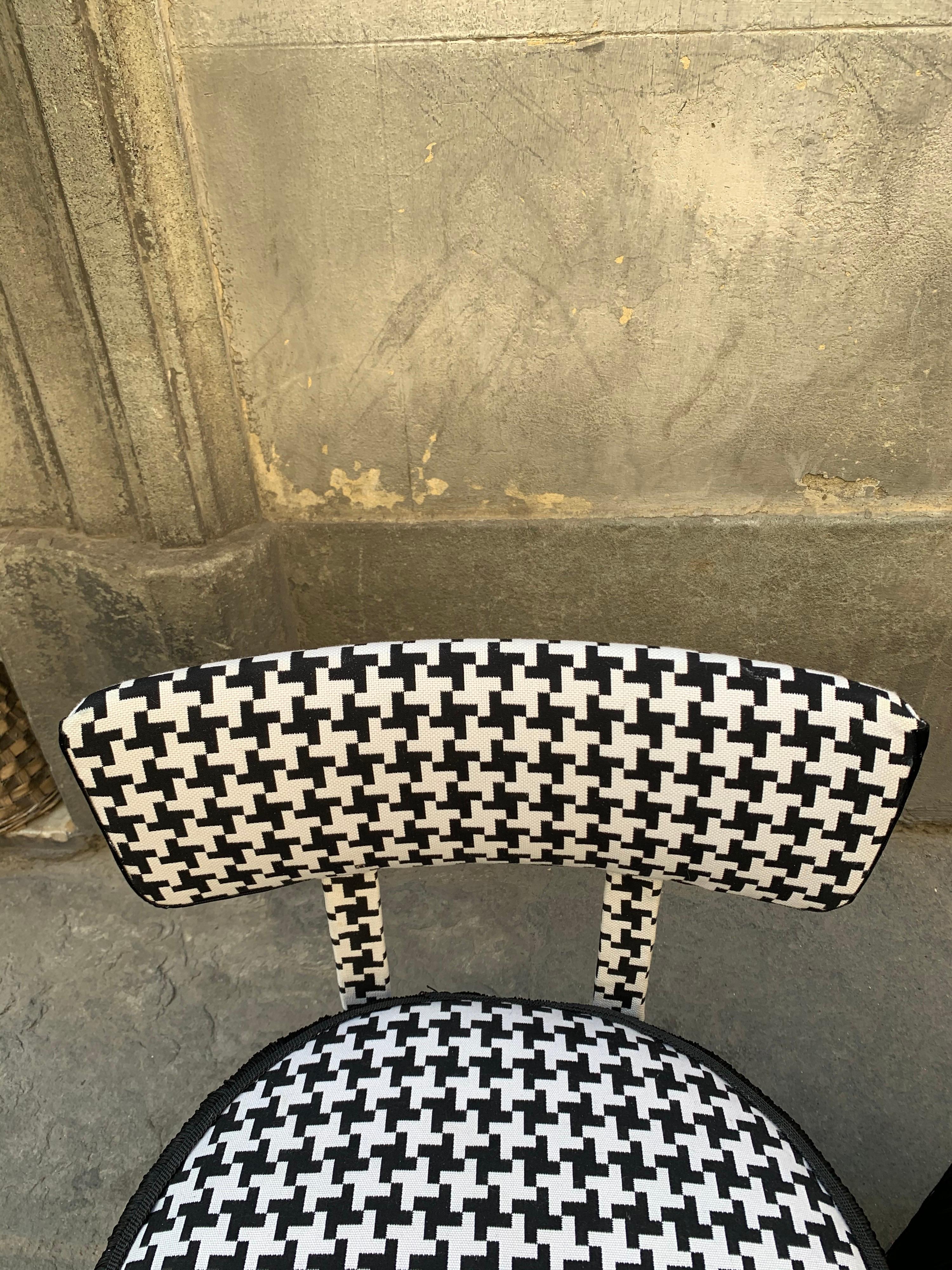 Mid-Century Modern Pair of Midcentury Small Padded Chairs Houndstooth Fabric with Black Fringe