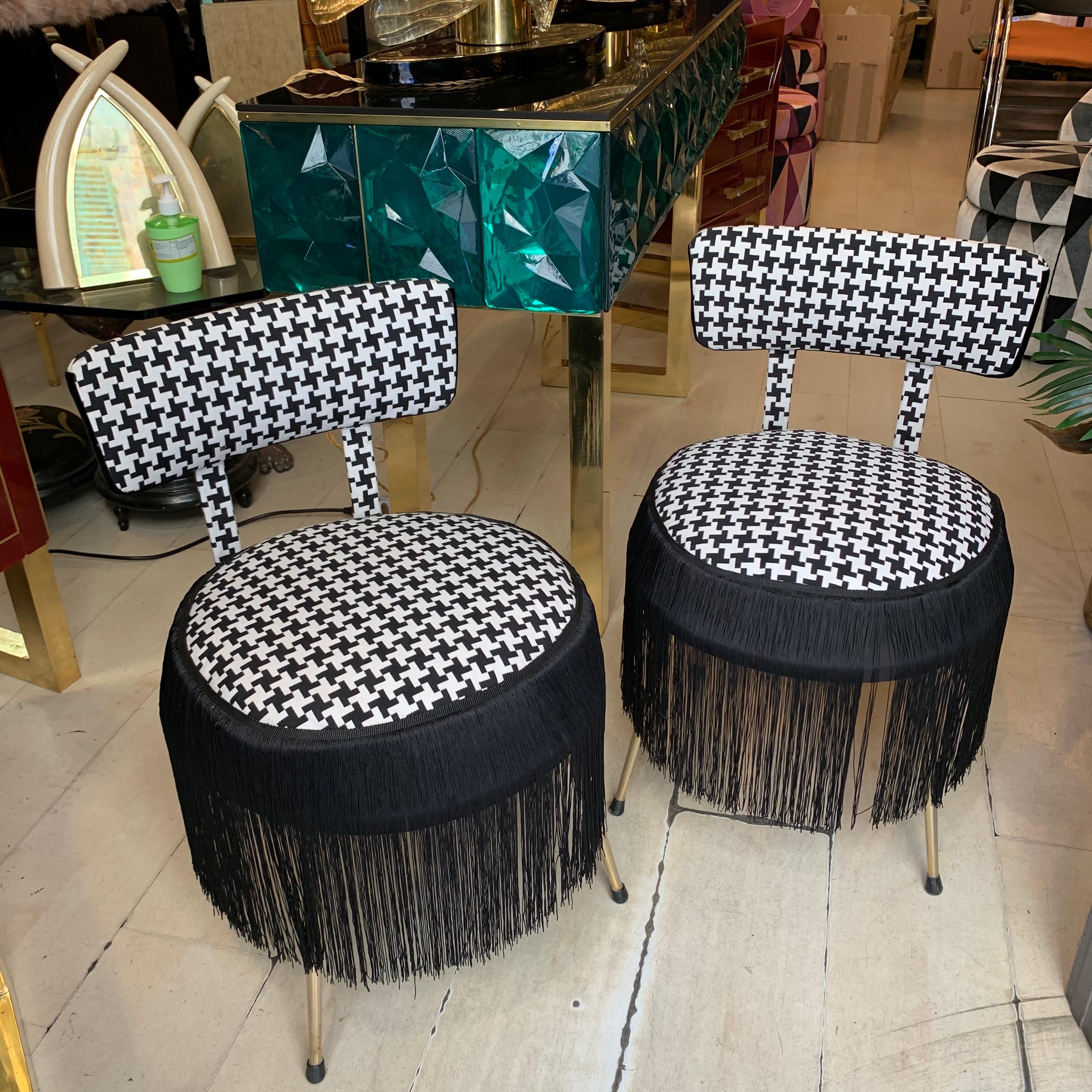 Italian Pair of Midcentury Small Padded Chairs Houndstooth Fabric with Black Fringe