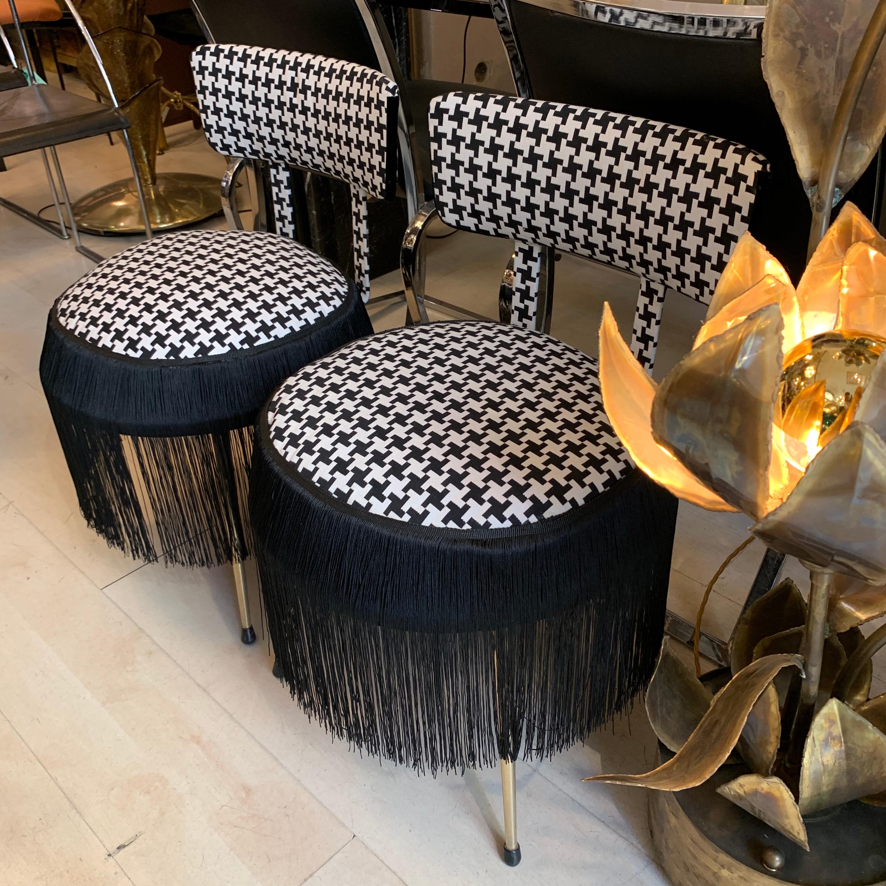 Pair of Midcentury Small Padded Chairs Houndstooth Fabric with Black Fringe In Good Condition In Florence, IT