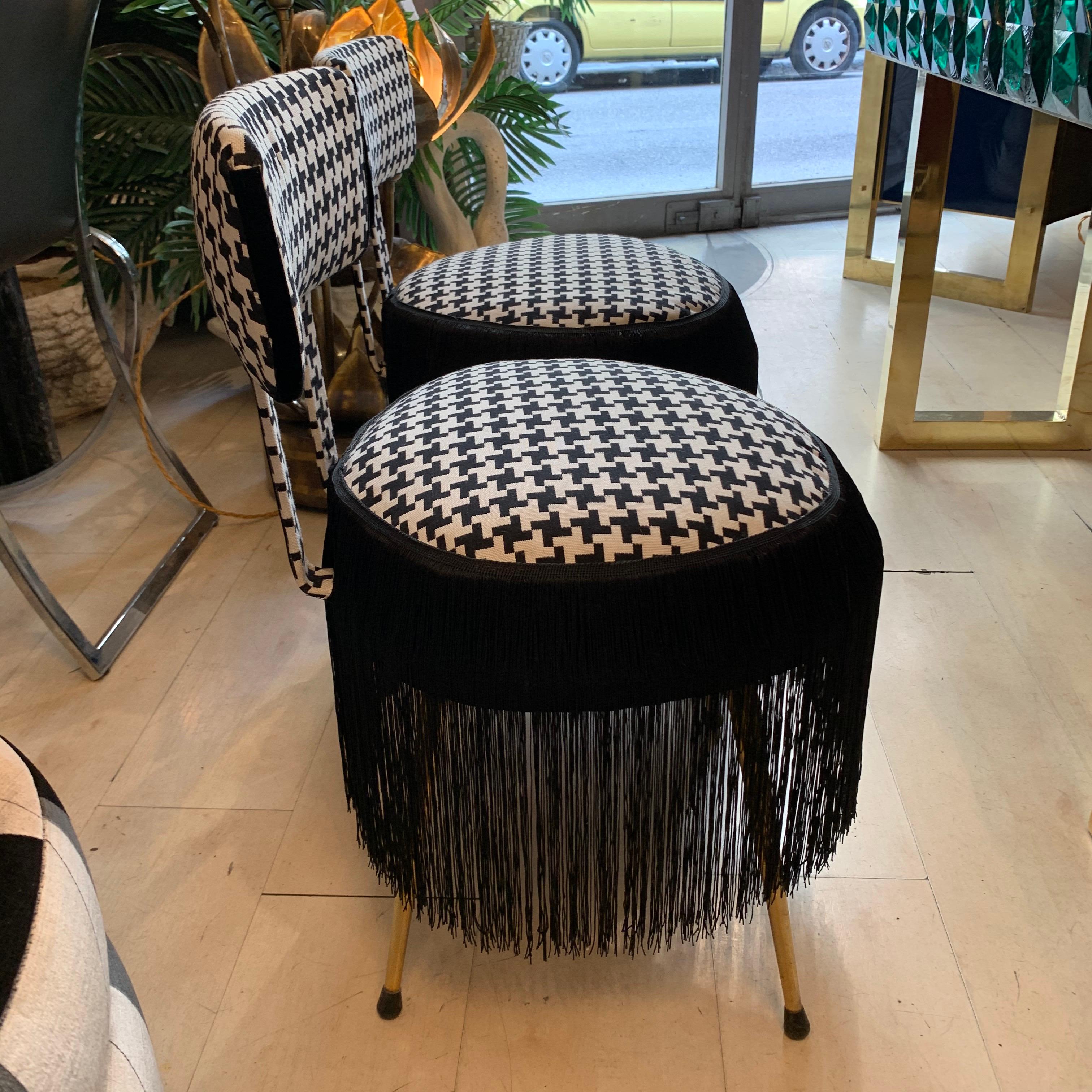 Mid-20th Century Pair of Midcentury Small Padded Chairs Houndstooth Fabric with Black Fringe