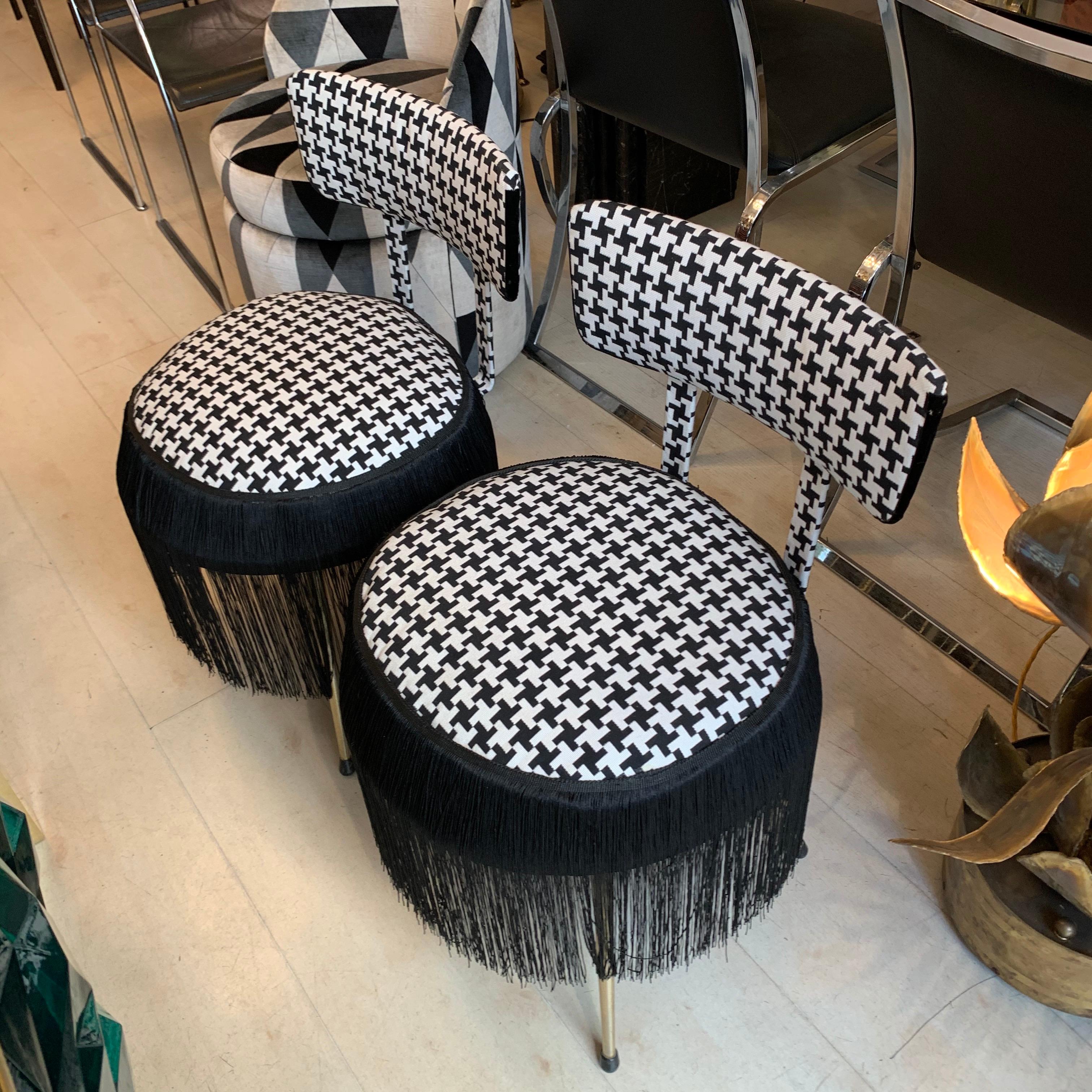 Brass Pair of Midcentury Small Padded Chairs Houndstooth Fabric with Black Fringe