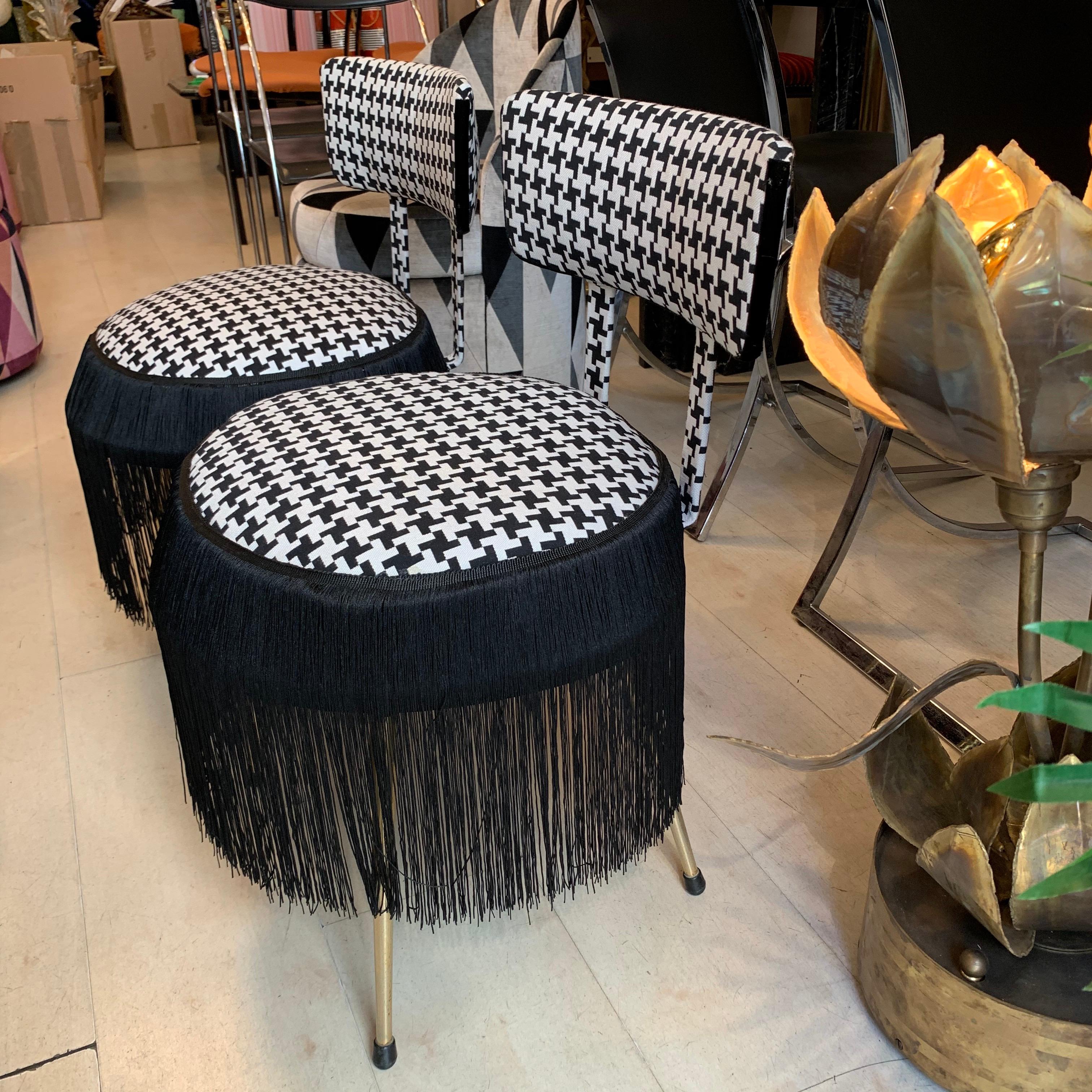 Pair of Midcentury Small Padded Chairs Houndstooth Fabric with Black Fringe 1