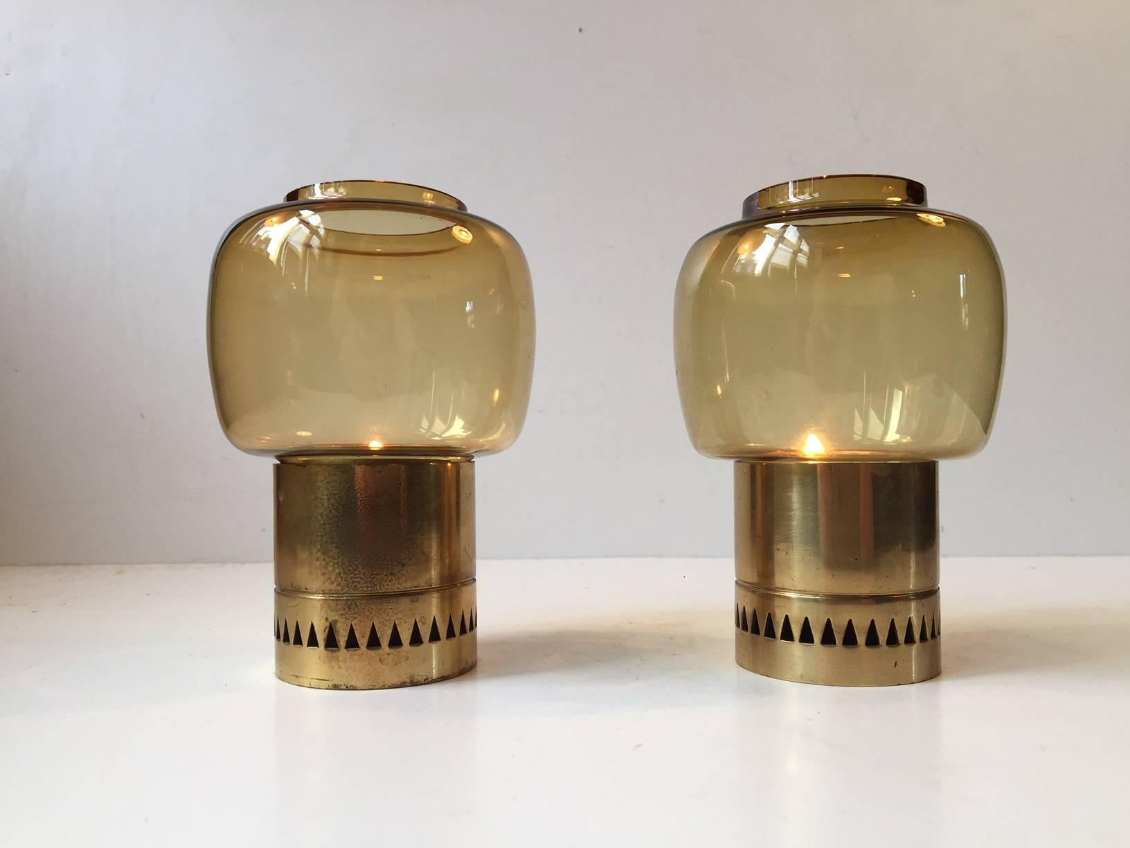 Mid-Century Modern Pair of Mid-Century Smoke Glass and Brass Candleholders by Hans-Agne Jakobsson