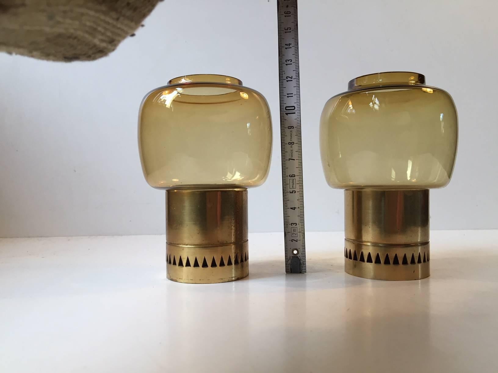 Swedish Pair of Mid-Century Smoke Glass and Brass Candleholders by Hans-Agne Jakobsson