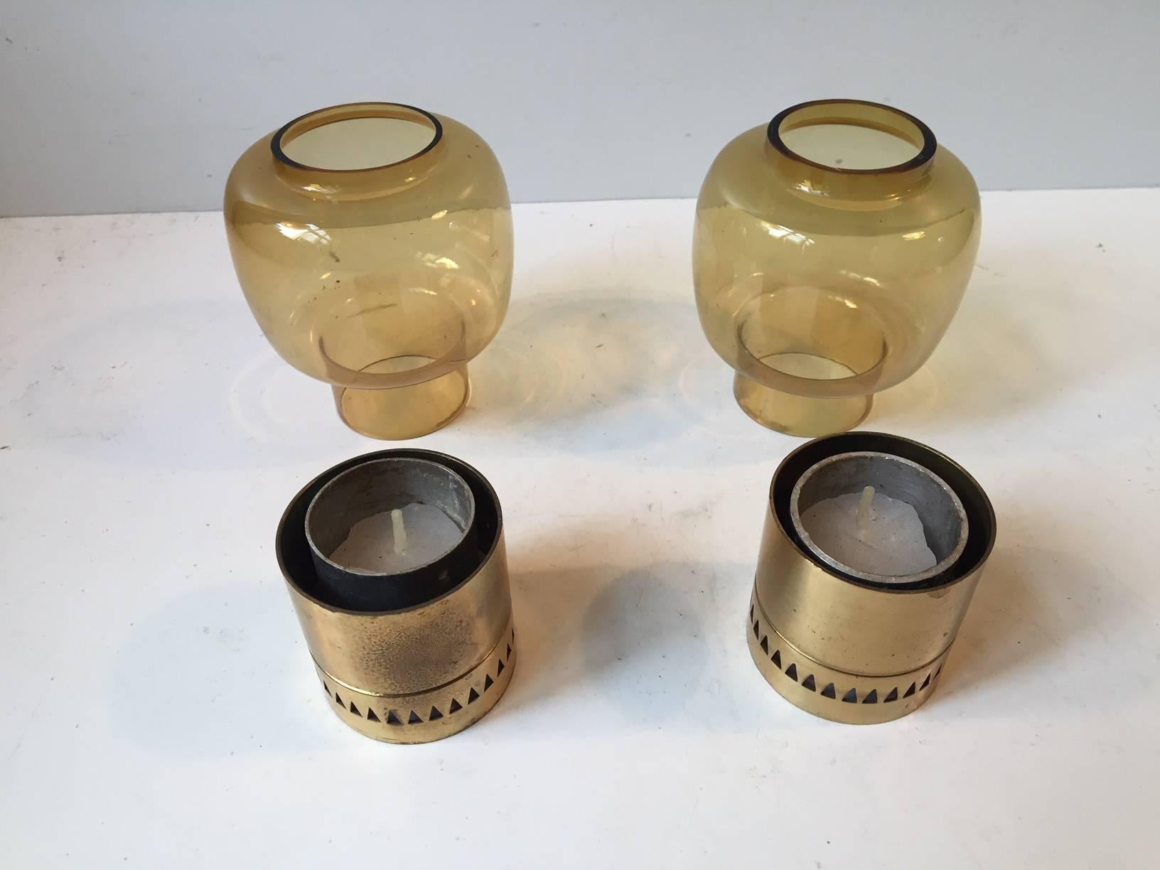 Pair of Mid-Century Smoke Glass and Brass Candleholders by Hans-Agne Jakobsson In Excellent Condition In Esbjerg, DK
