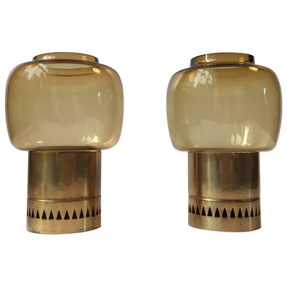 Pair of Midcentury Smoke Glass and Brass Candleholders by Hans-Agne Jakobsson
