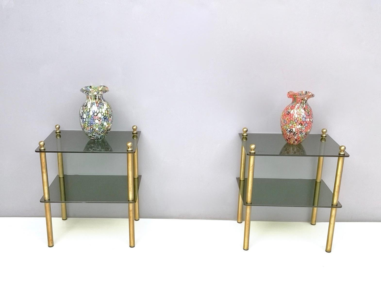 Mid-Century Modern Pair of Midcentury Smoked Glass and Brass Nightstands, Italy