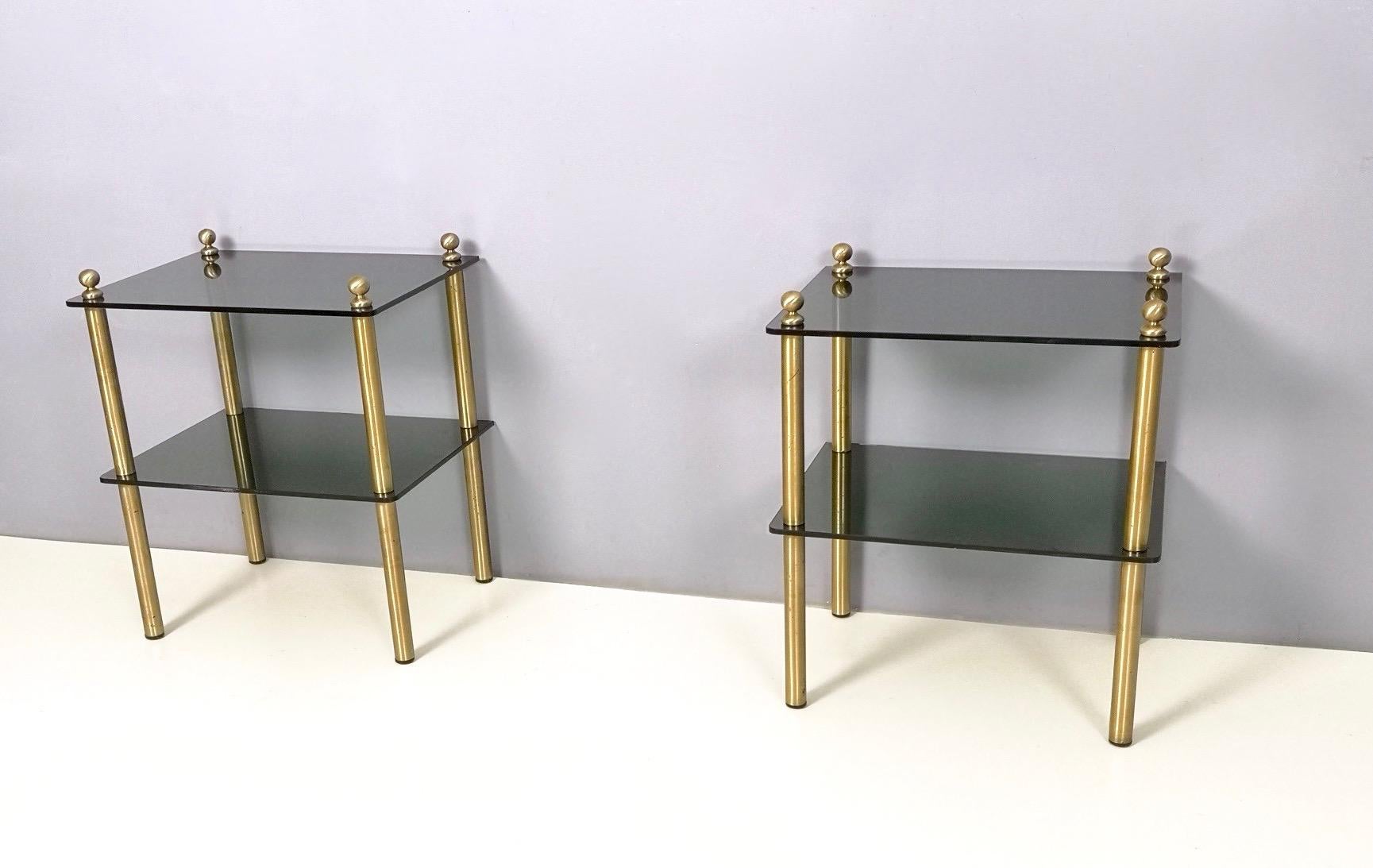 Pair of Midcentury Smoked Glass and Brass Nightstands, Italy In Good Condition In Bresso, Lombardy