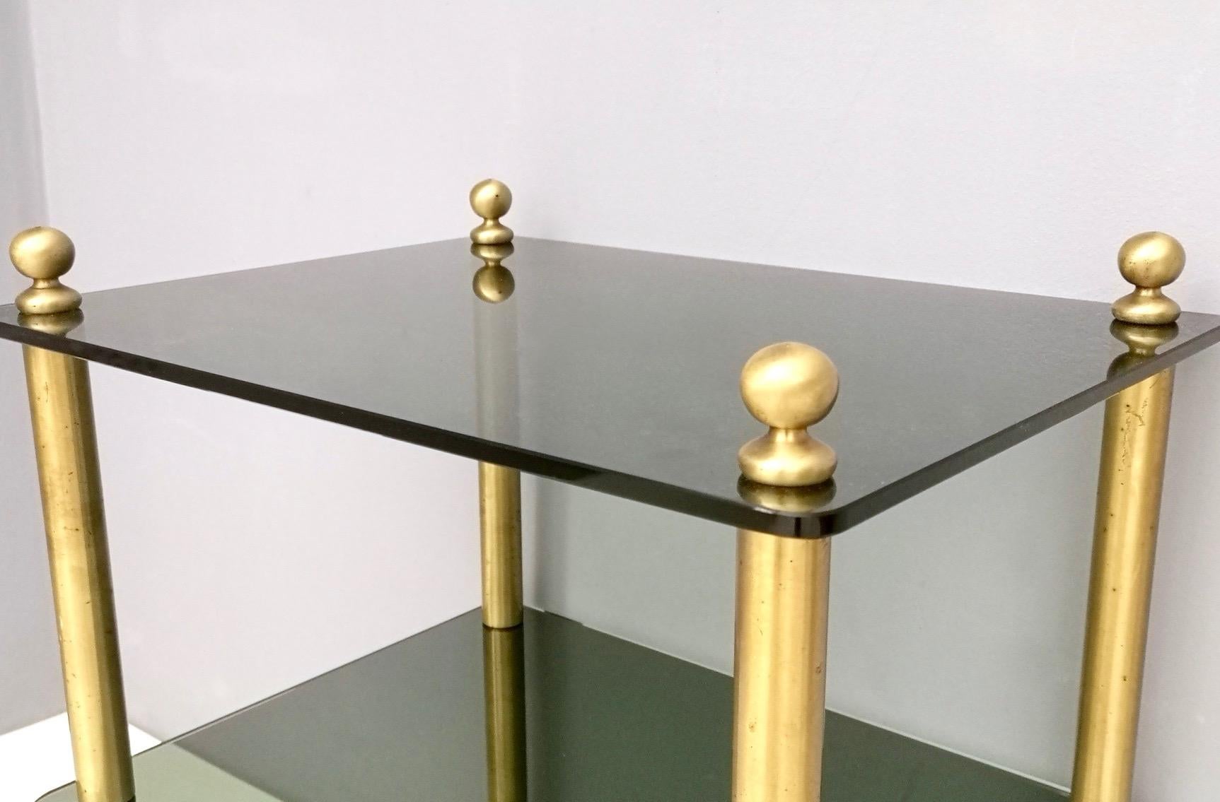 Pair of Midcentury Smoked Glass and Brass Nightstands, Italy 1