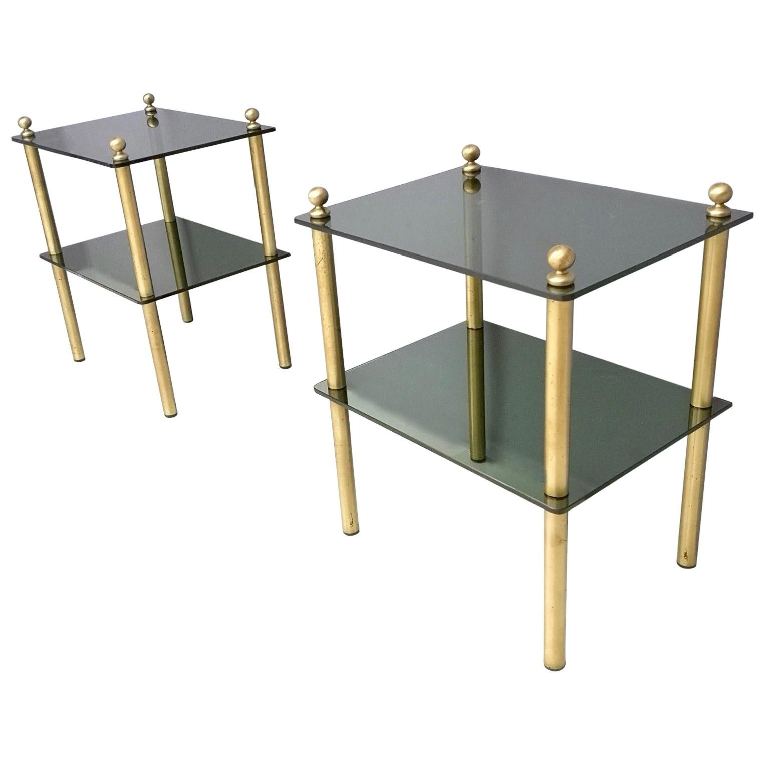 Pair of Midcentury Smoked Glass and Brass Nightstands, Italy