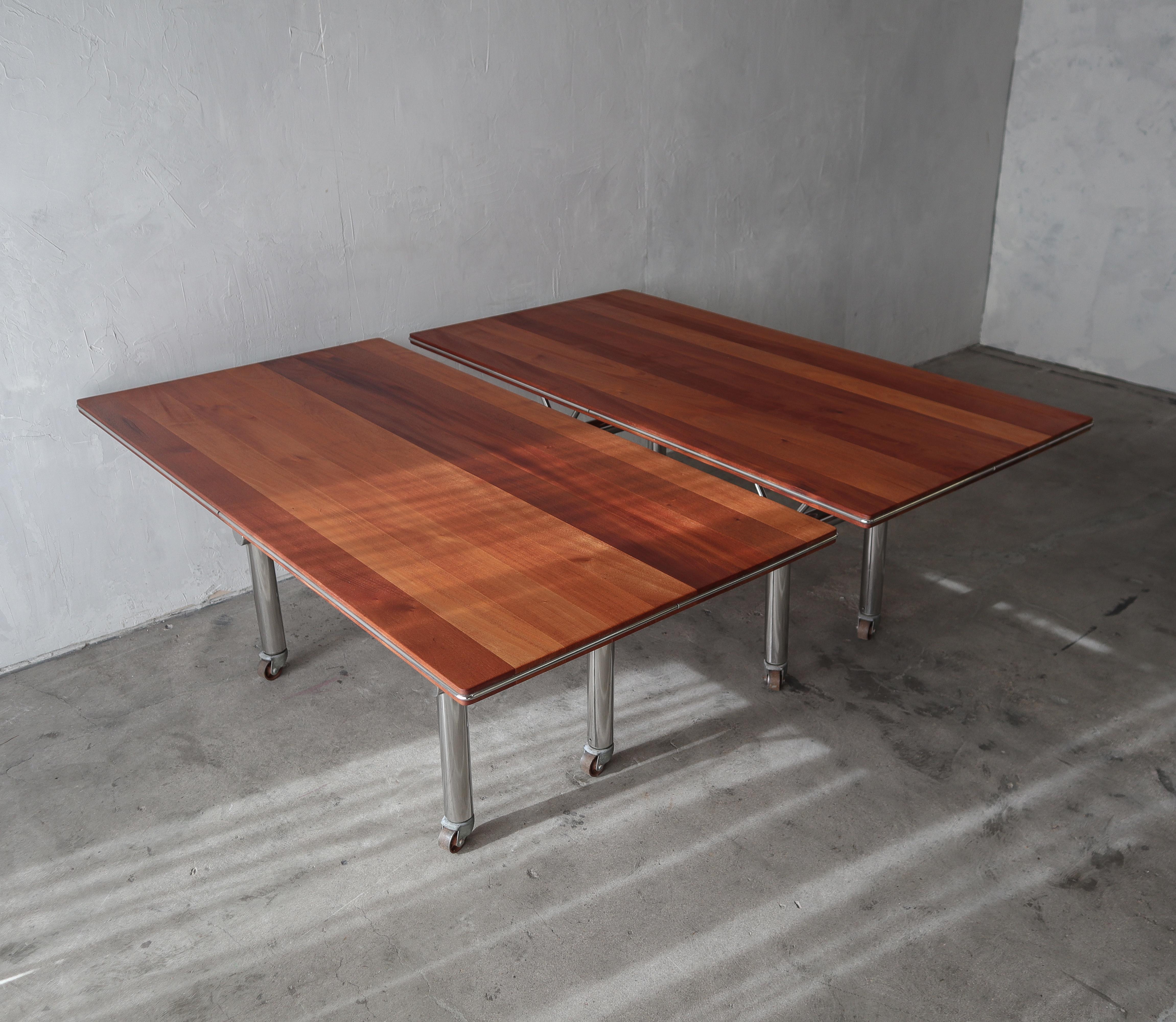Mid-Century Modern Pair of Mid Century Solid Mahogany and Stainless Tables