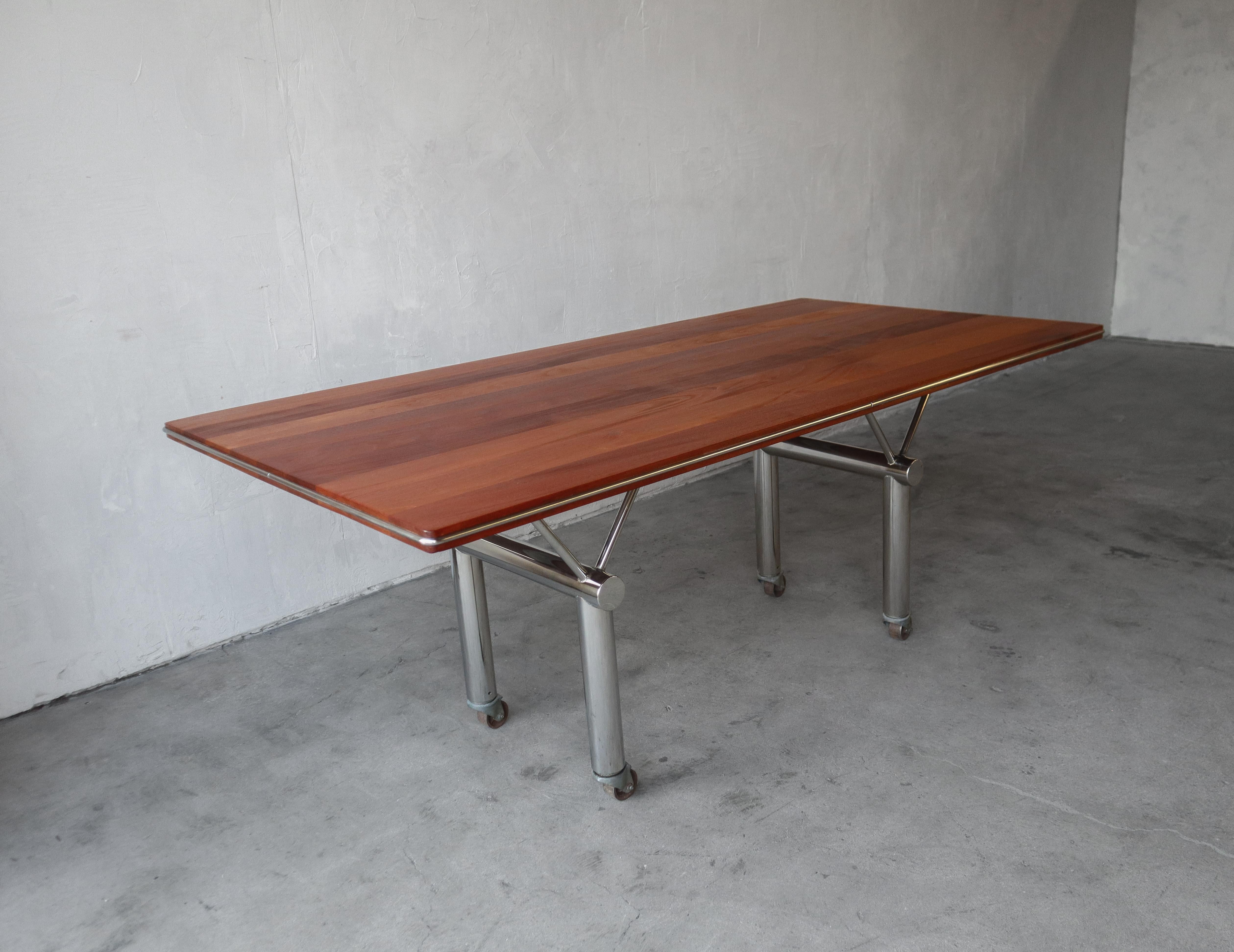 20th Century Pair of Mid Century Solid Mahogany and Stainless Tables