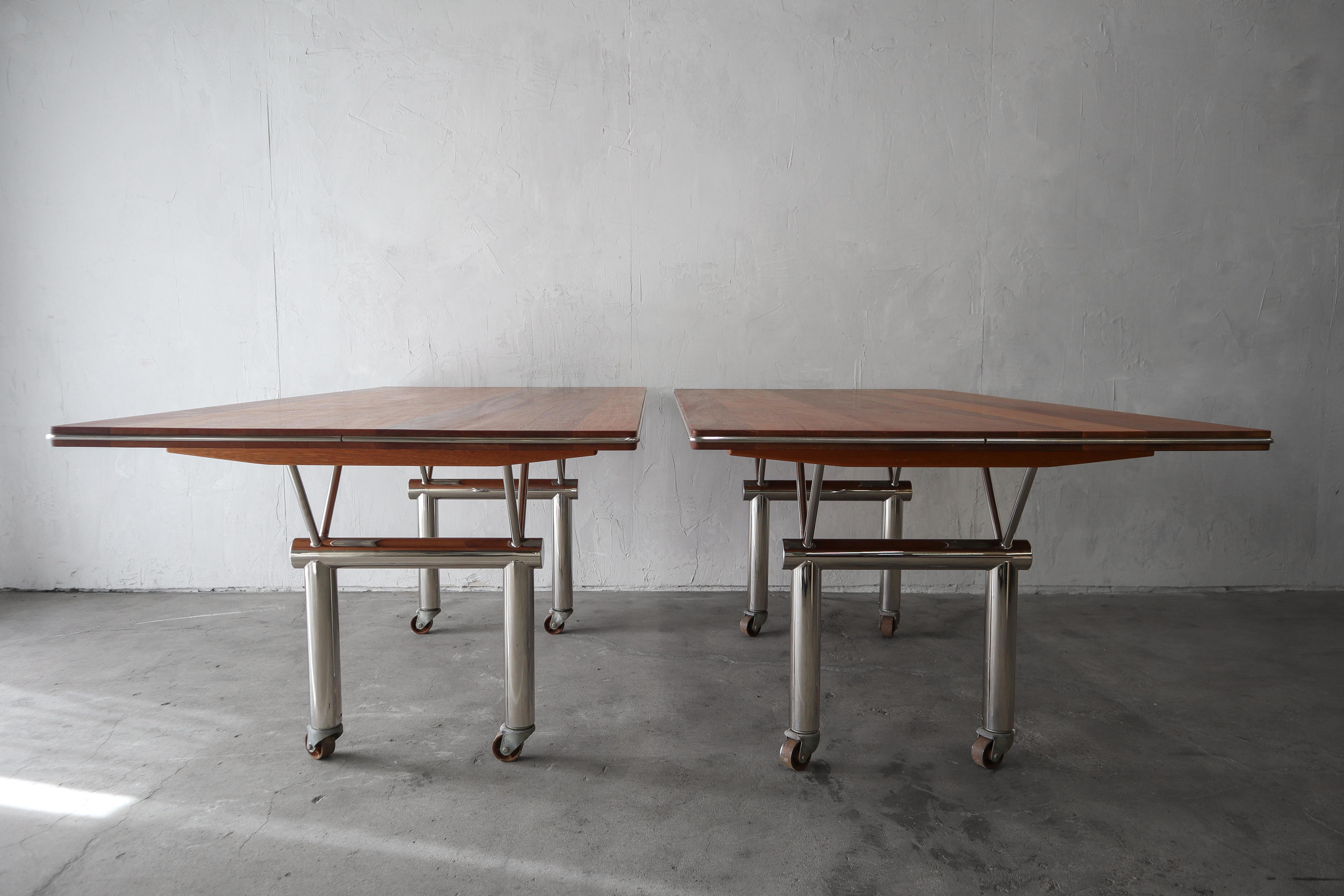 Pair of Mid Century Solid Mahogany and Stainless Tables 1