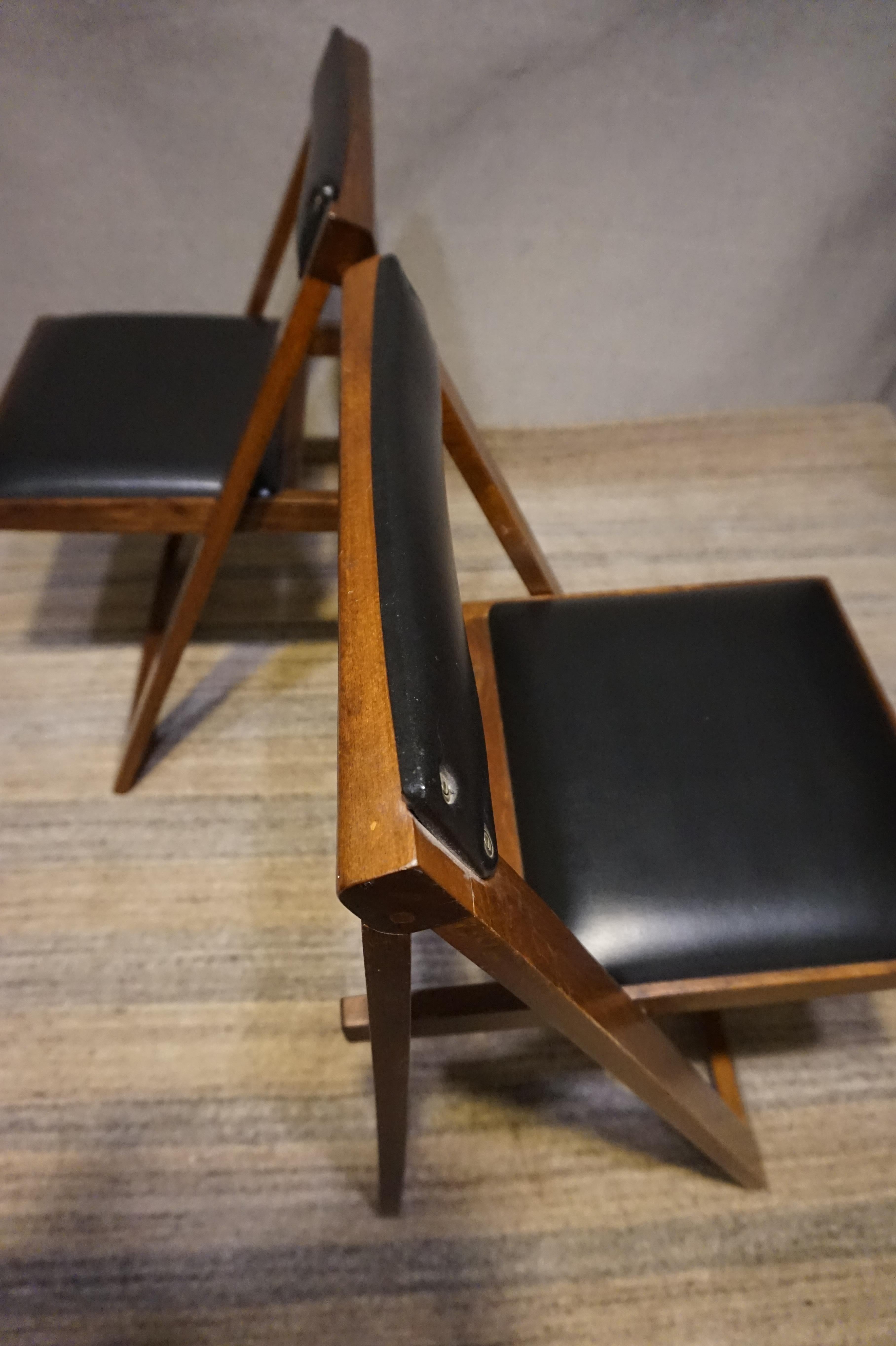 Pair of Mid Century Solid Mahogany Vinyl Folding Compact Campaign Style Chairs 7