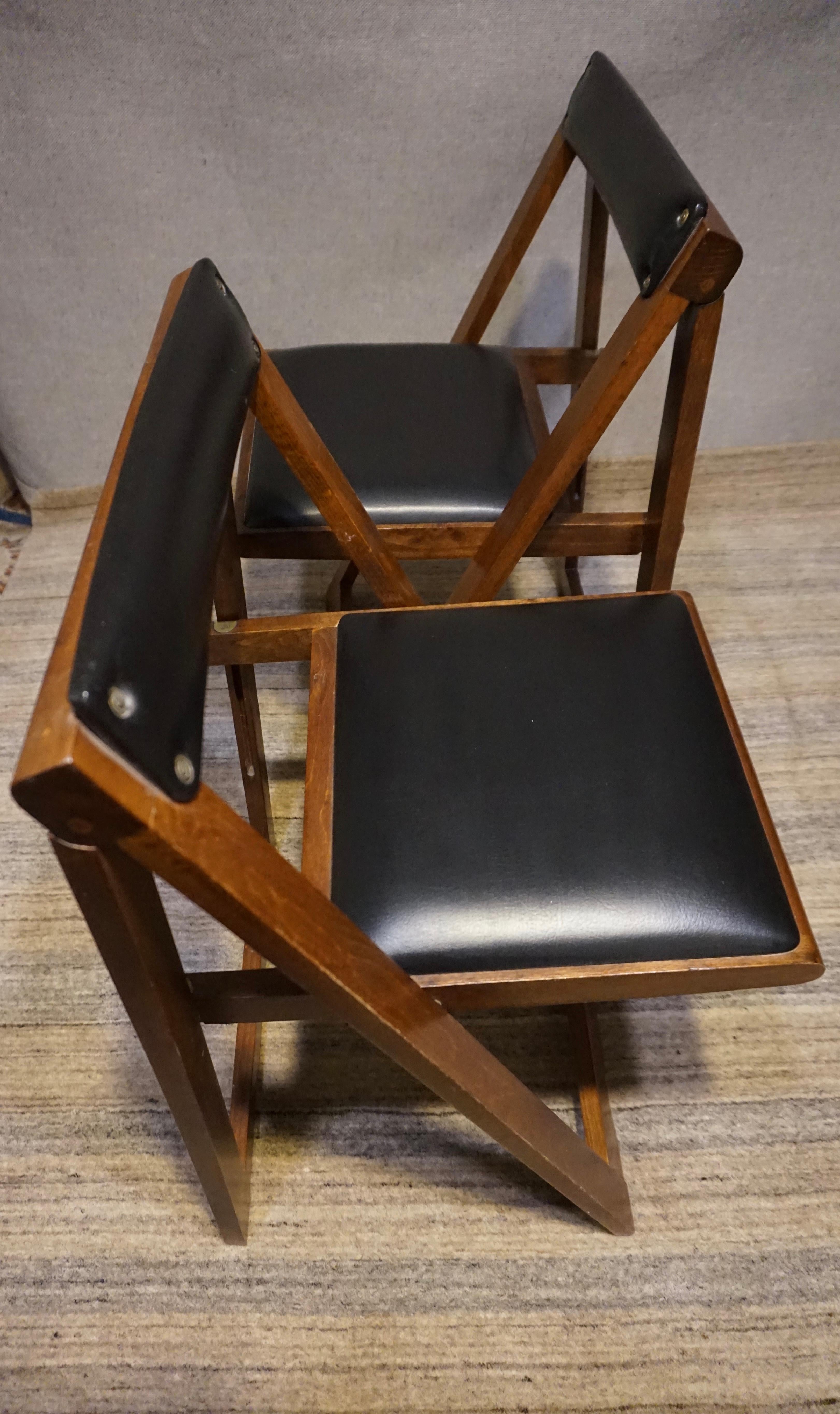 Pair of Mid Century Solid Mahogany Vinyl Folding Compact Campaign Style Chairs 8
