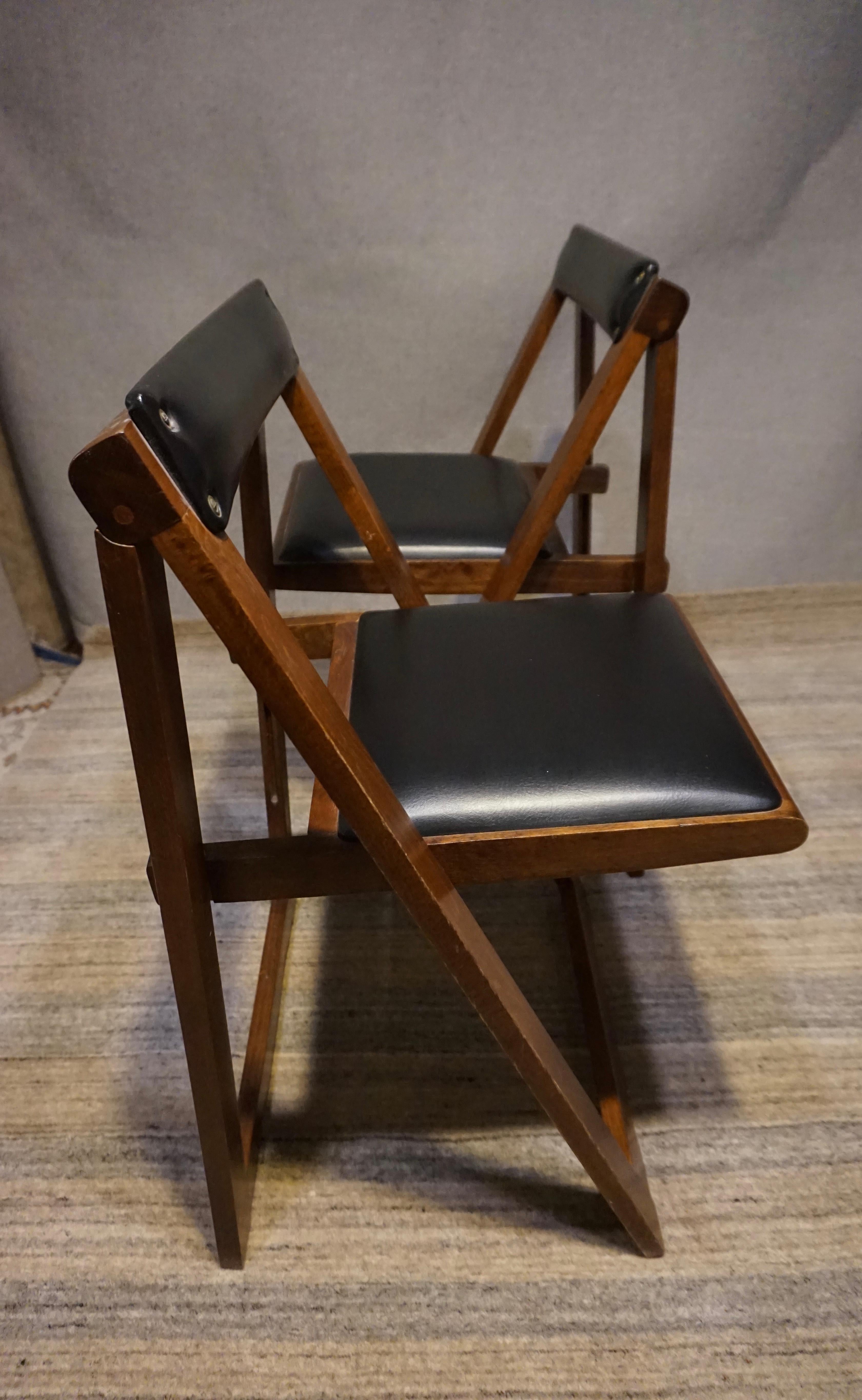 Pair of Mid Century Solid Mahogany Vinyl Folding Compact Campaign Style Chairs 9