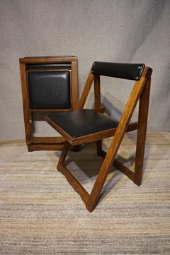 Pair of Mid Century Solid Mahogany Vinyl Folding Compact Campaign Style Chairs
