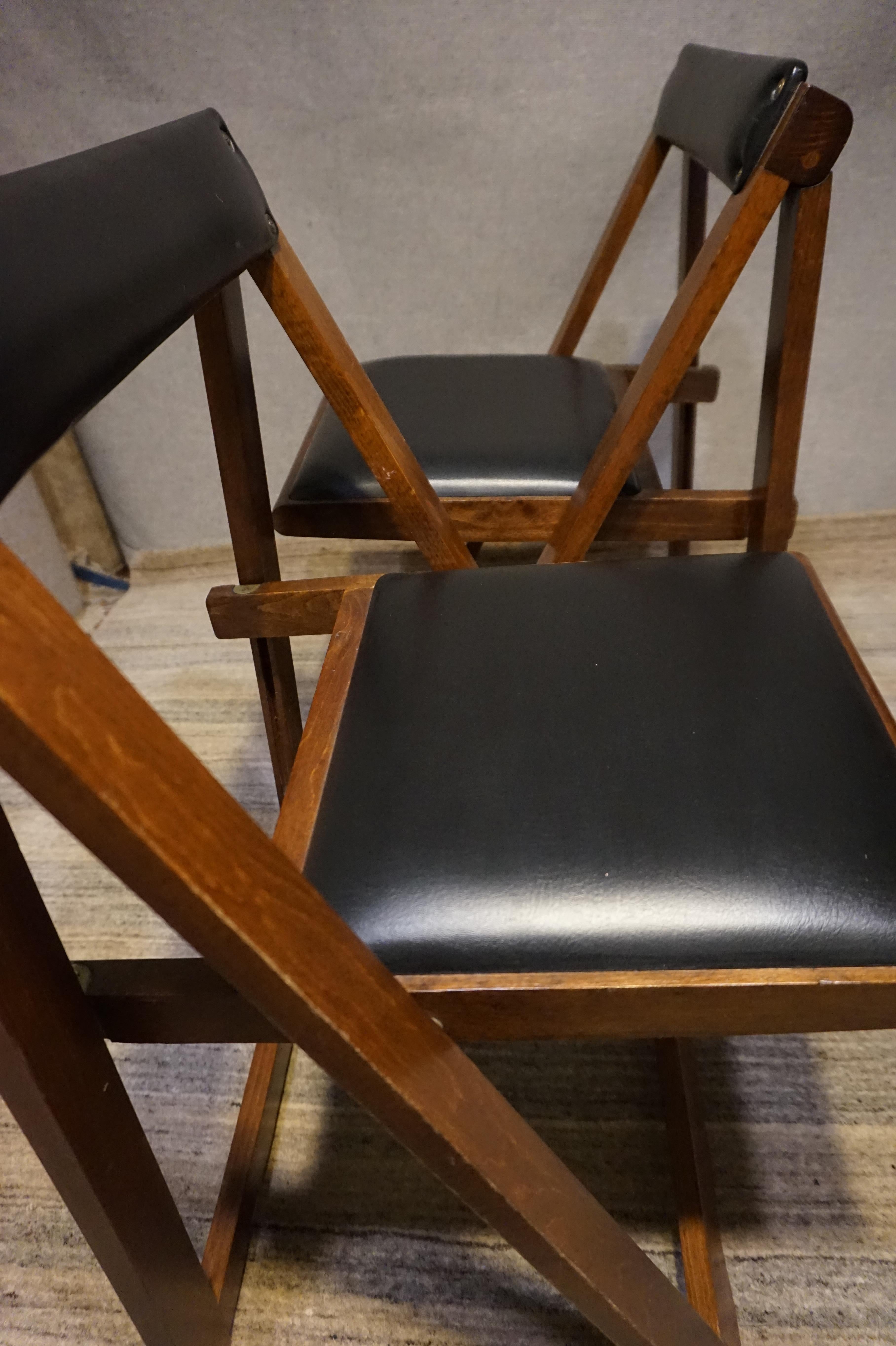 Pair of Mid Century Solid Mahogany Vinyl Folding Compact Campaign Style Chairs 10