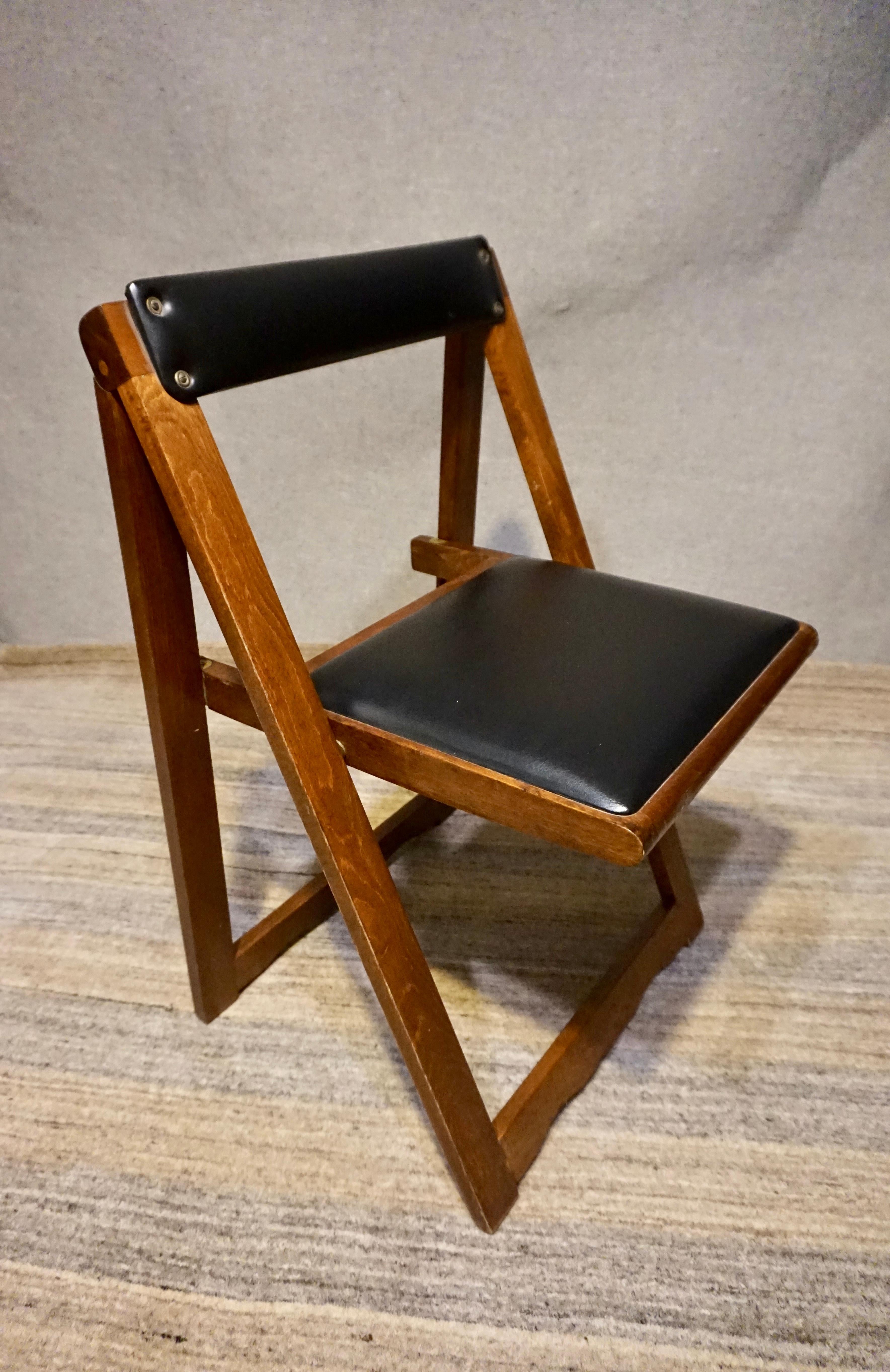 Romanian Pair of Mid Century Solid Mahogany Vinyl Folding Compact Campaign Style Chairs