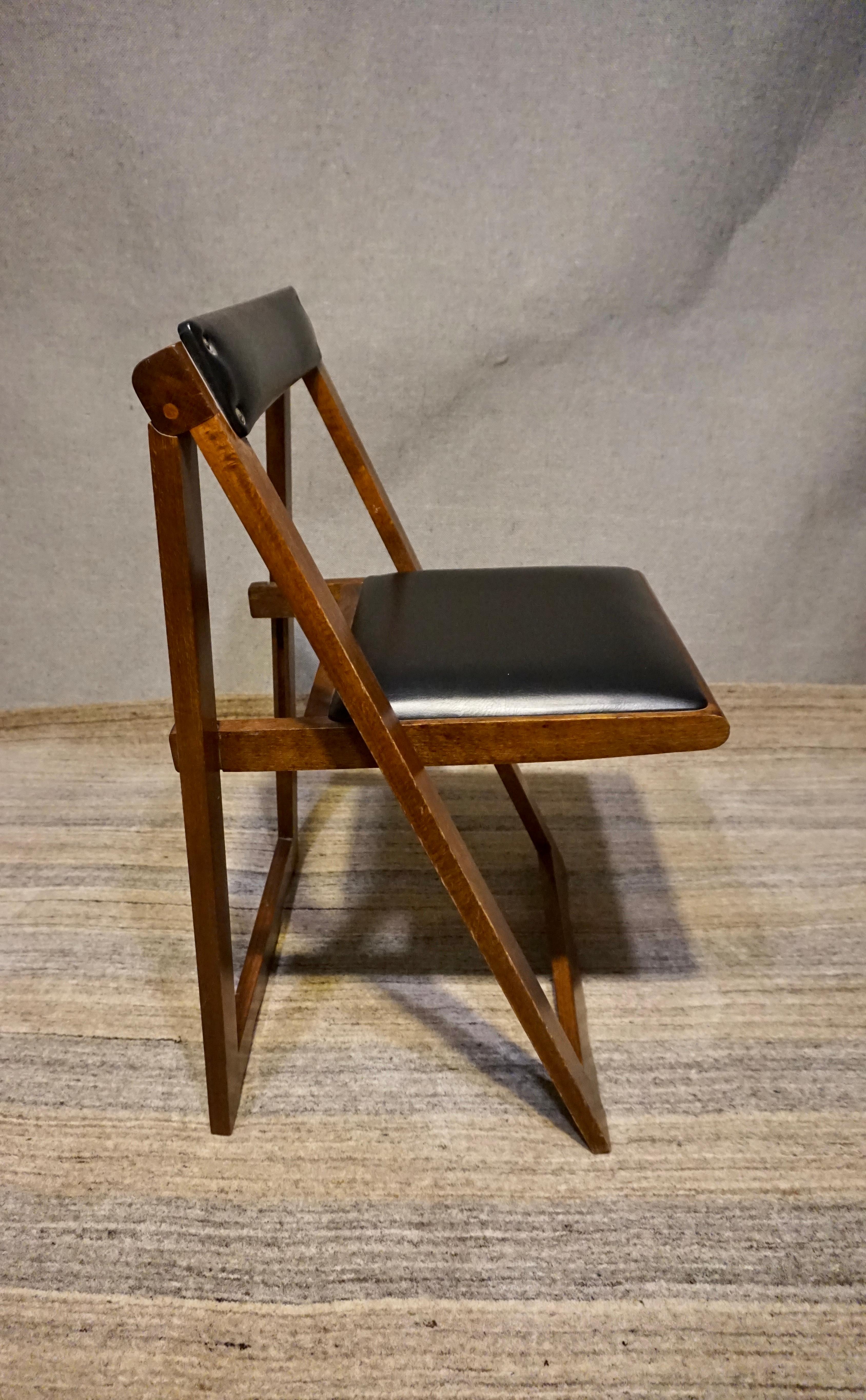 Hand-Crafted Pair of Mid Century Solid Mahogany Vinyl Folding Compact Campaign Style Chairs