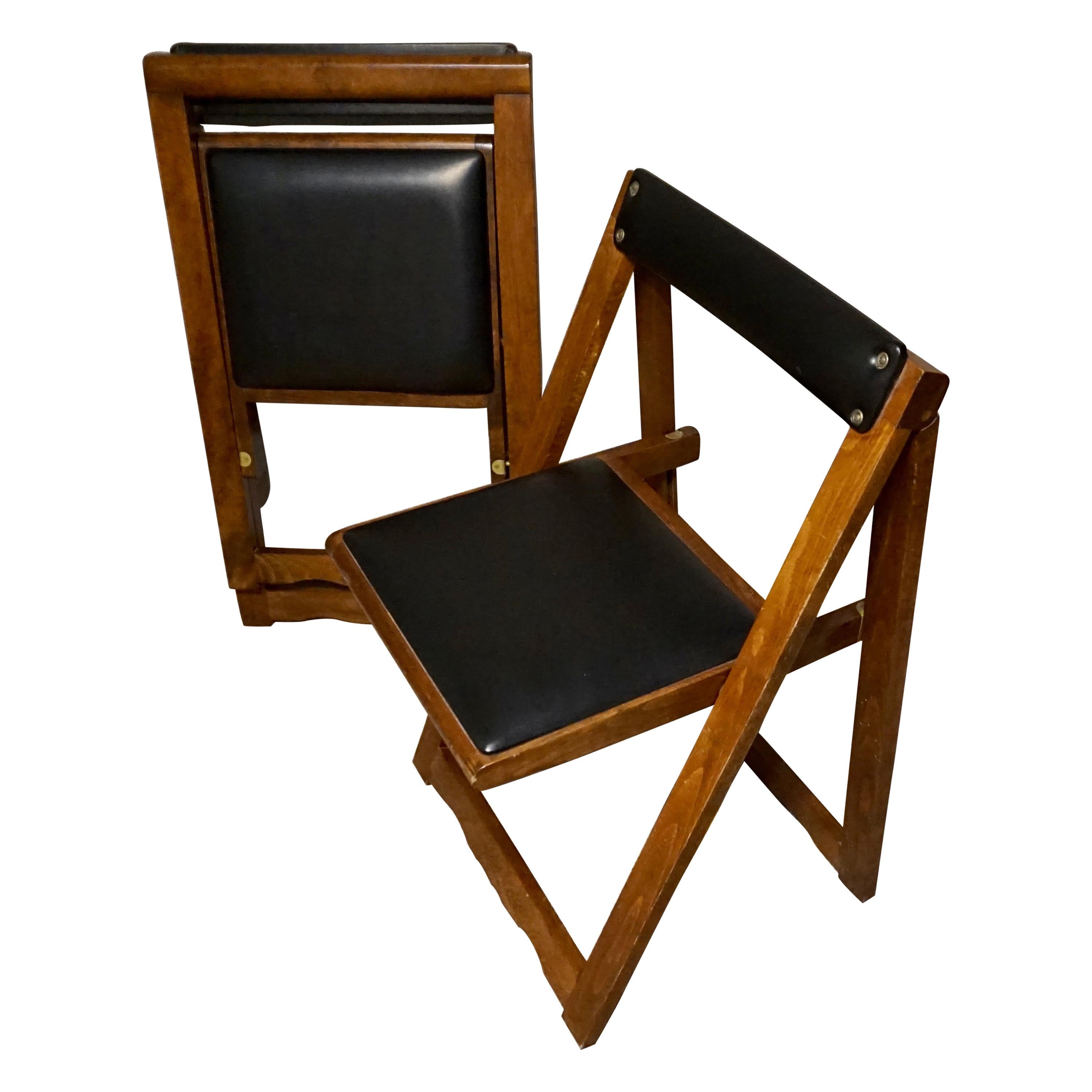 Pair of Mid Century Solid Mahogany Vinyl Folding Compact Campaign Style Chairs