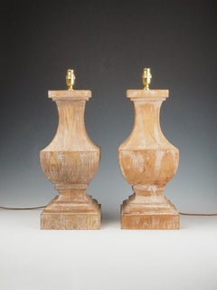 Pair of Mid-Century Solid Mango Wood Table Lamps, Lime Wash