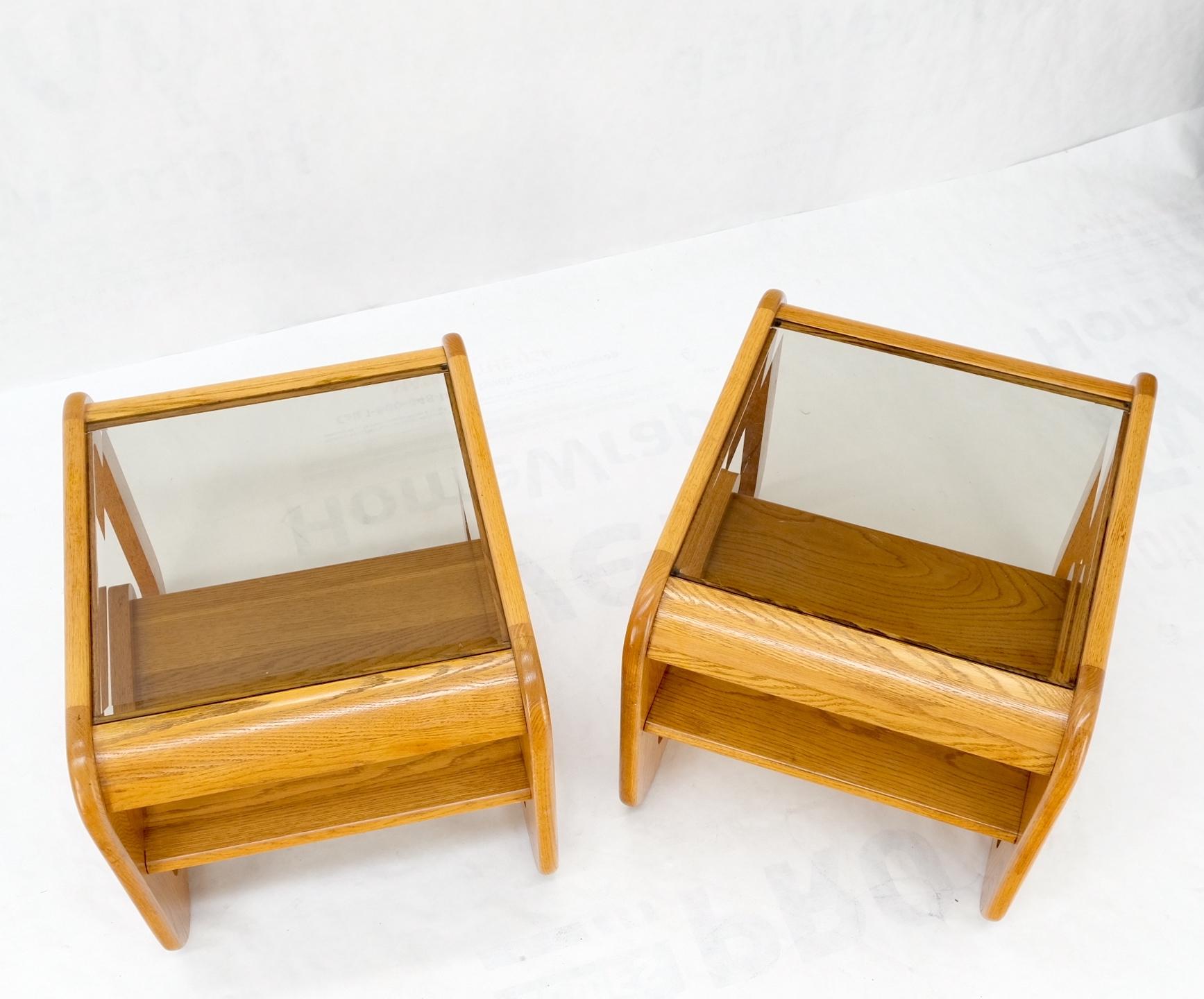 Pair of Mid-Century Solid Oak Smoked Glass Top End Side Tables W Shelves Mint! For Sale 8