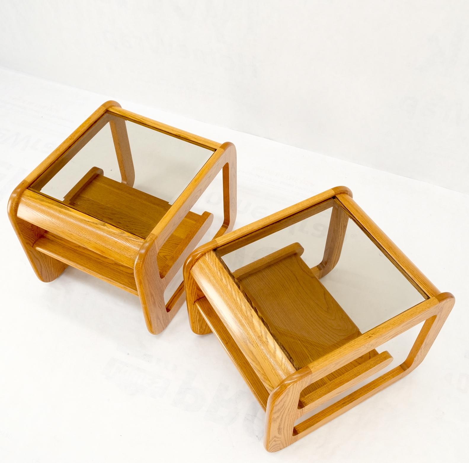 Pair of Mid-Century Solid Oak Smoked Glass Top End Side Tables W Shelves Mint! For Sale 9