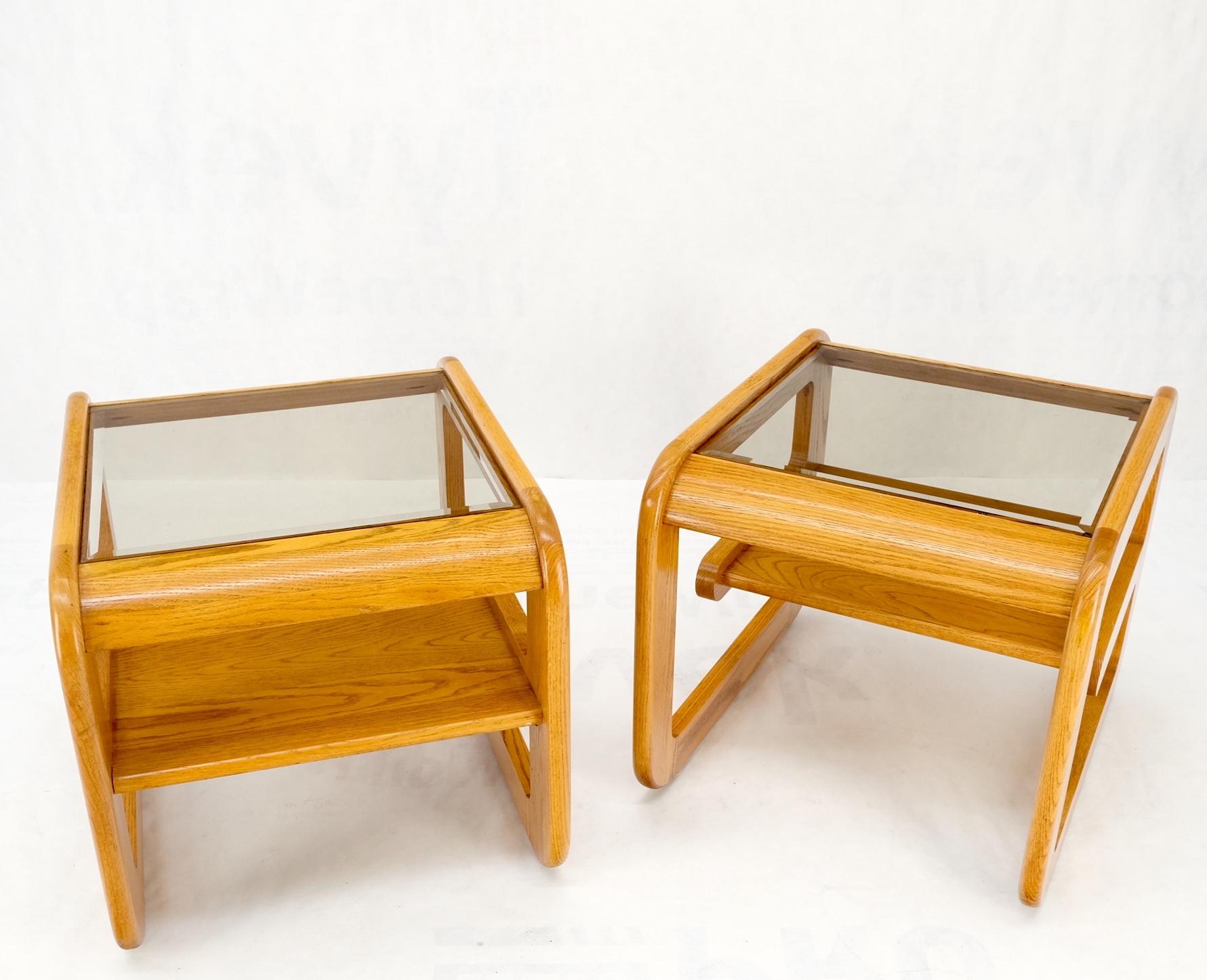 Pair of Mid-Century Solid Oak Smoked Glass Top End Side Tables W Shelves Mint! For Sale 10