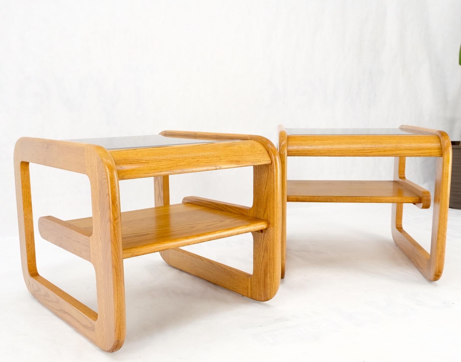 Pair of Mid-Century Solid Oak Smoked Glass Top End Side Tables W Shelves Mint! For Sale 11