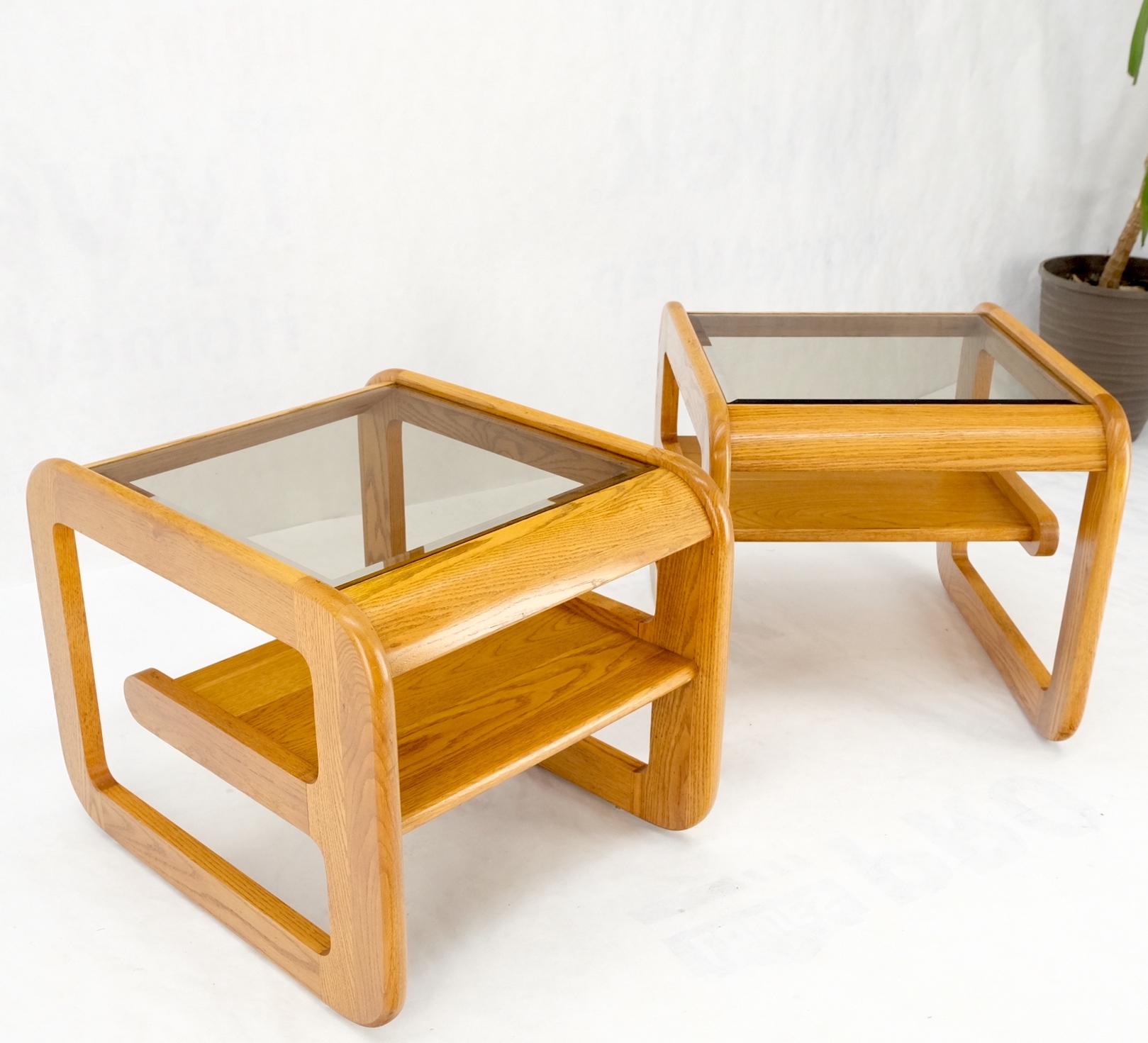 Pair of Mid-Century Solid Oak Smoked Glass Top End Side Tables W Shelves Mint! For Sale 12