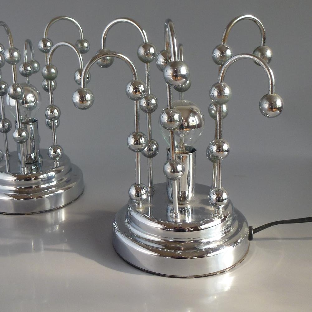 Galvanized Pair of Mid-Century Space Age Chrome Table or Nightstand Lamps, Italy, 1960s For Sale