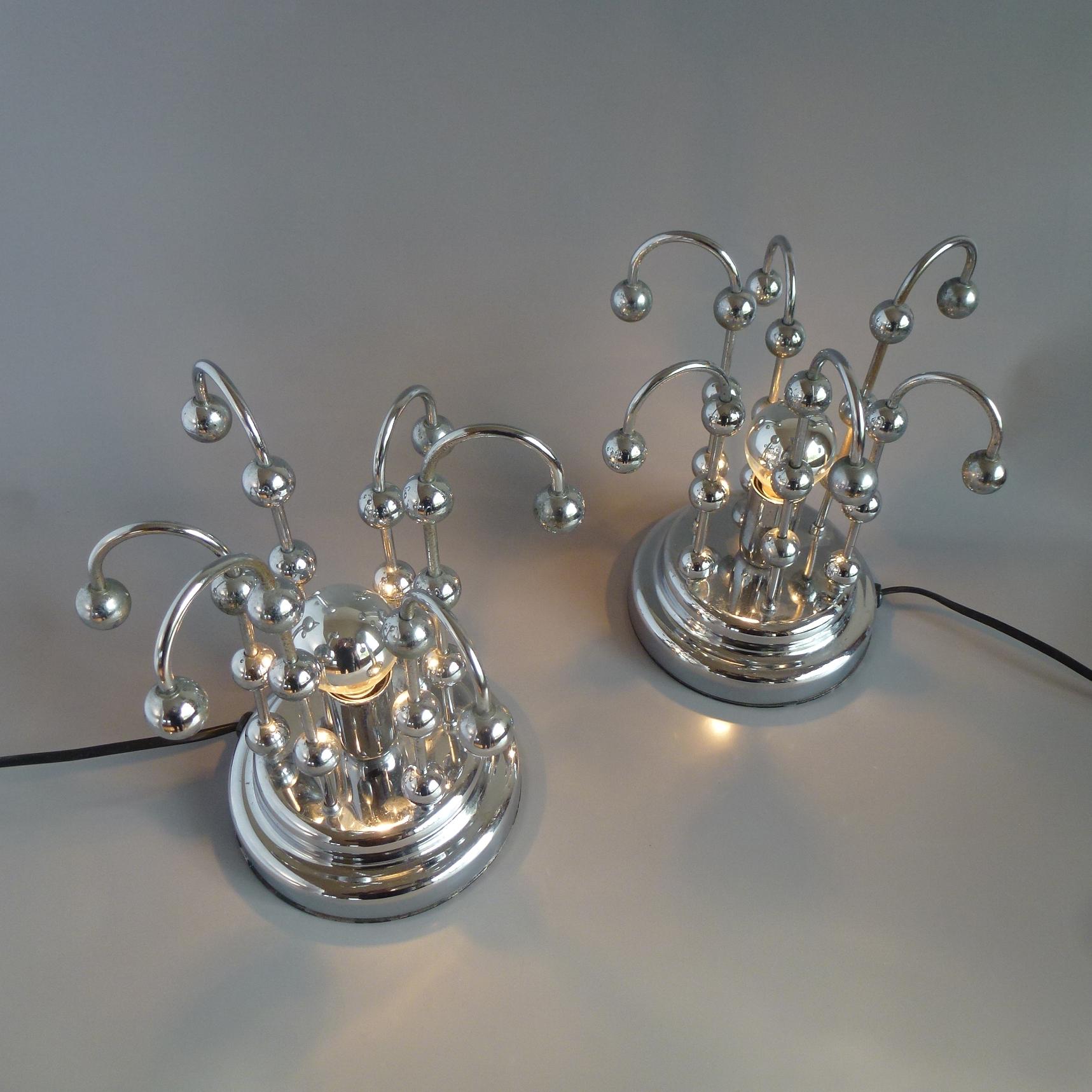 Pair of Mid-Century Space Age Chrome Table or Nightstand Lamps, Italy, 1960s For Sale 1