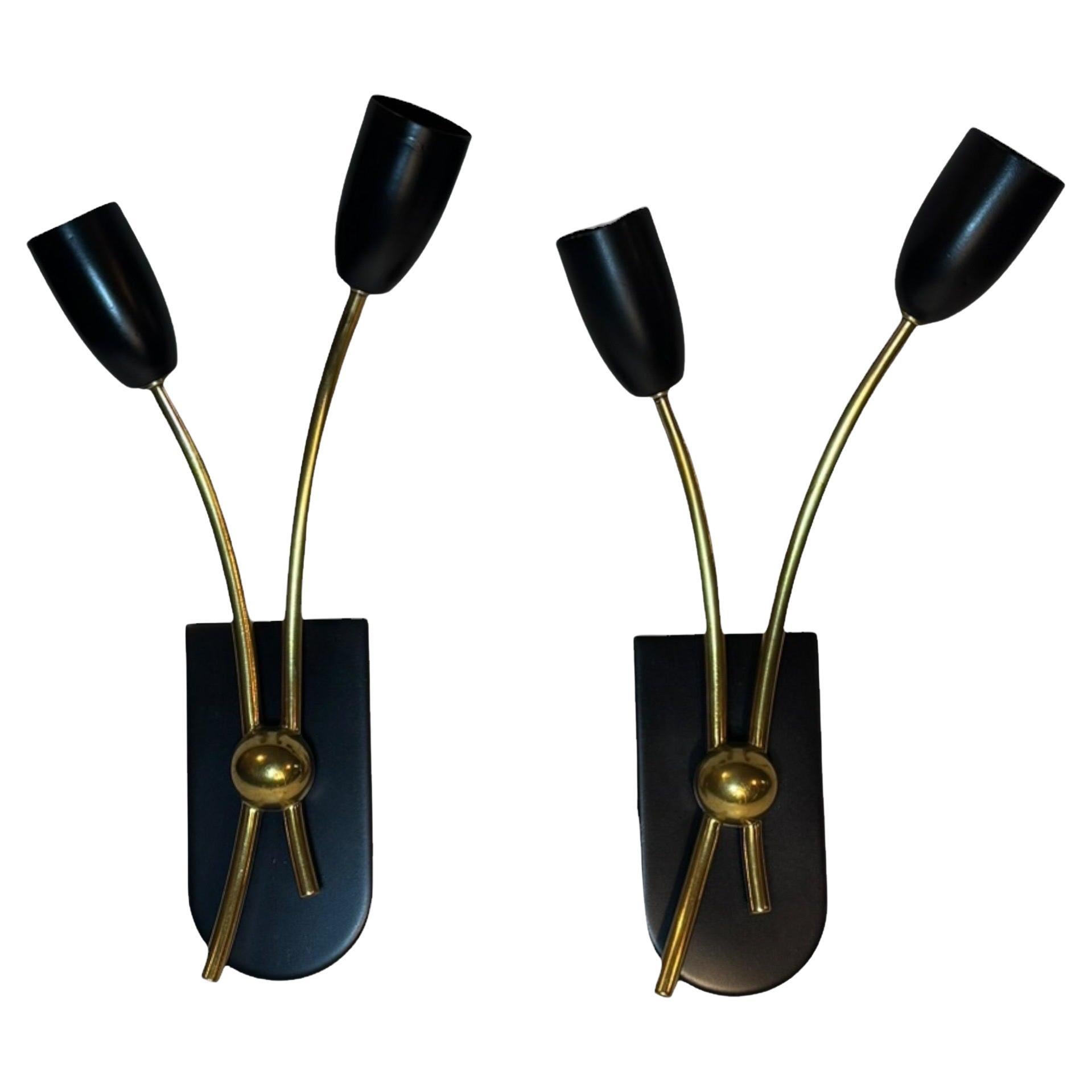 Pair of Mid-Century Space Age Wall Sconces Black Metal and Brass, France, 1960s