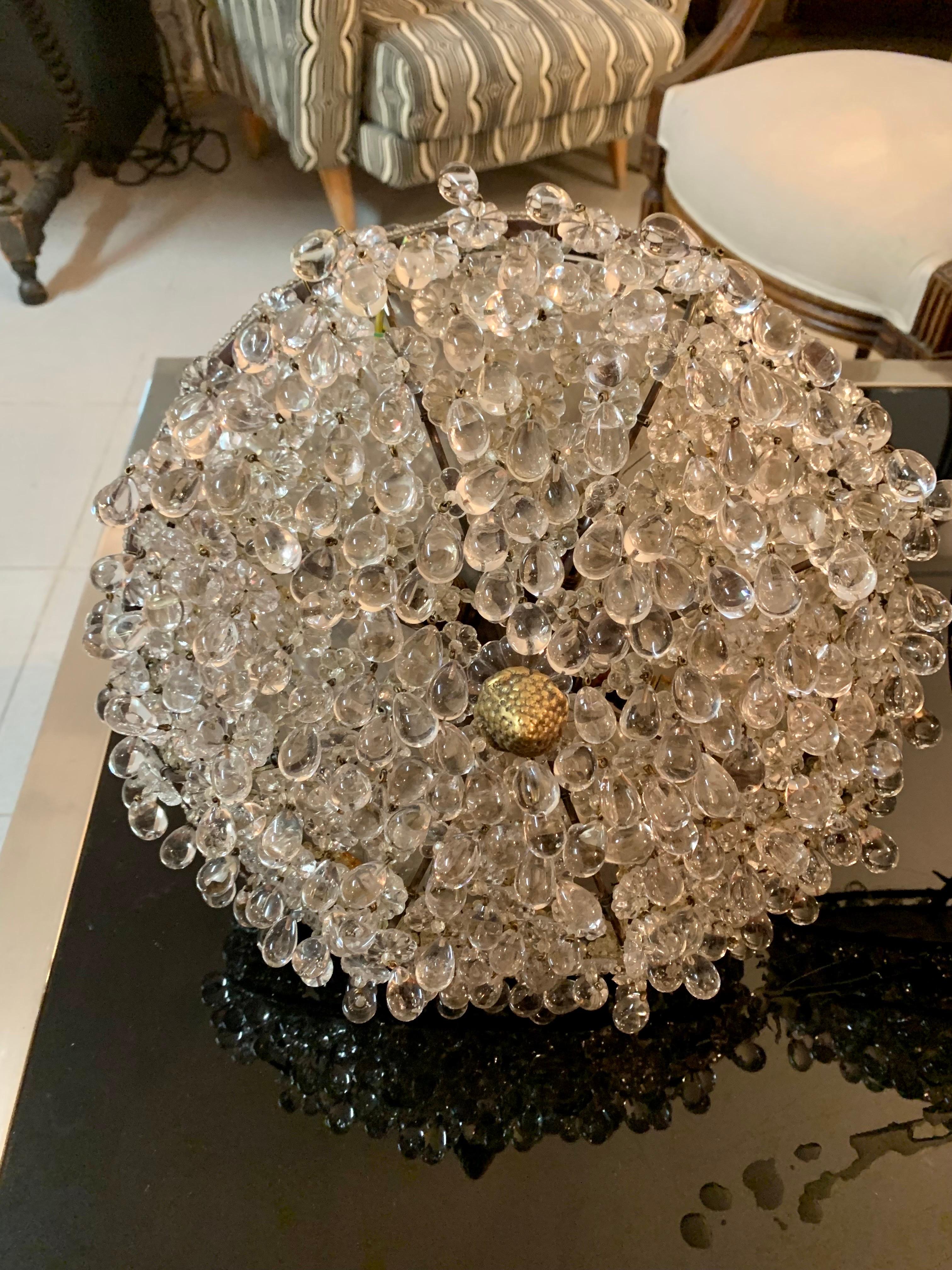 Pair of Spanish ceiling lamps or ceiling lamps, from the 1950s, in glass in the shape of drops and upper decoration glass flowers and supported in brass.