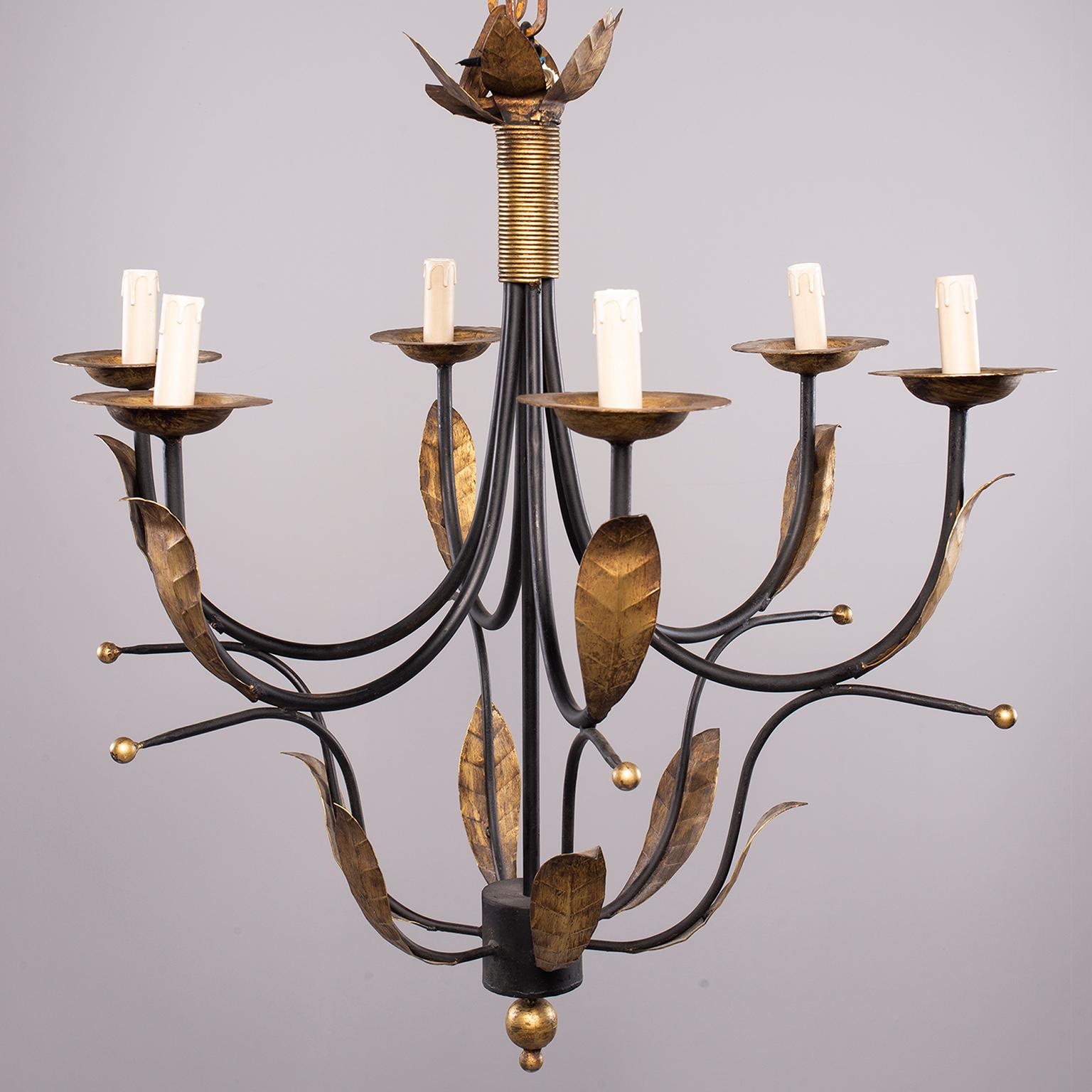 Pair of Spanish chandeliers have black wrought iron frames with gilded metal leaf accents and six candle style candelabra sized lights, circa 1960s. Unknown maker. Chandeliers have been rewired for US electrical standards. Sold and priced as a