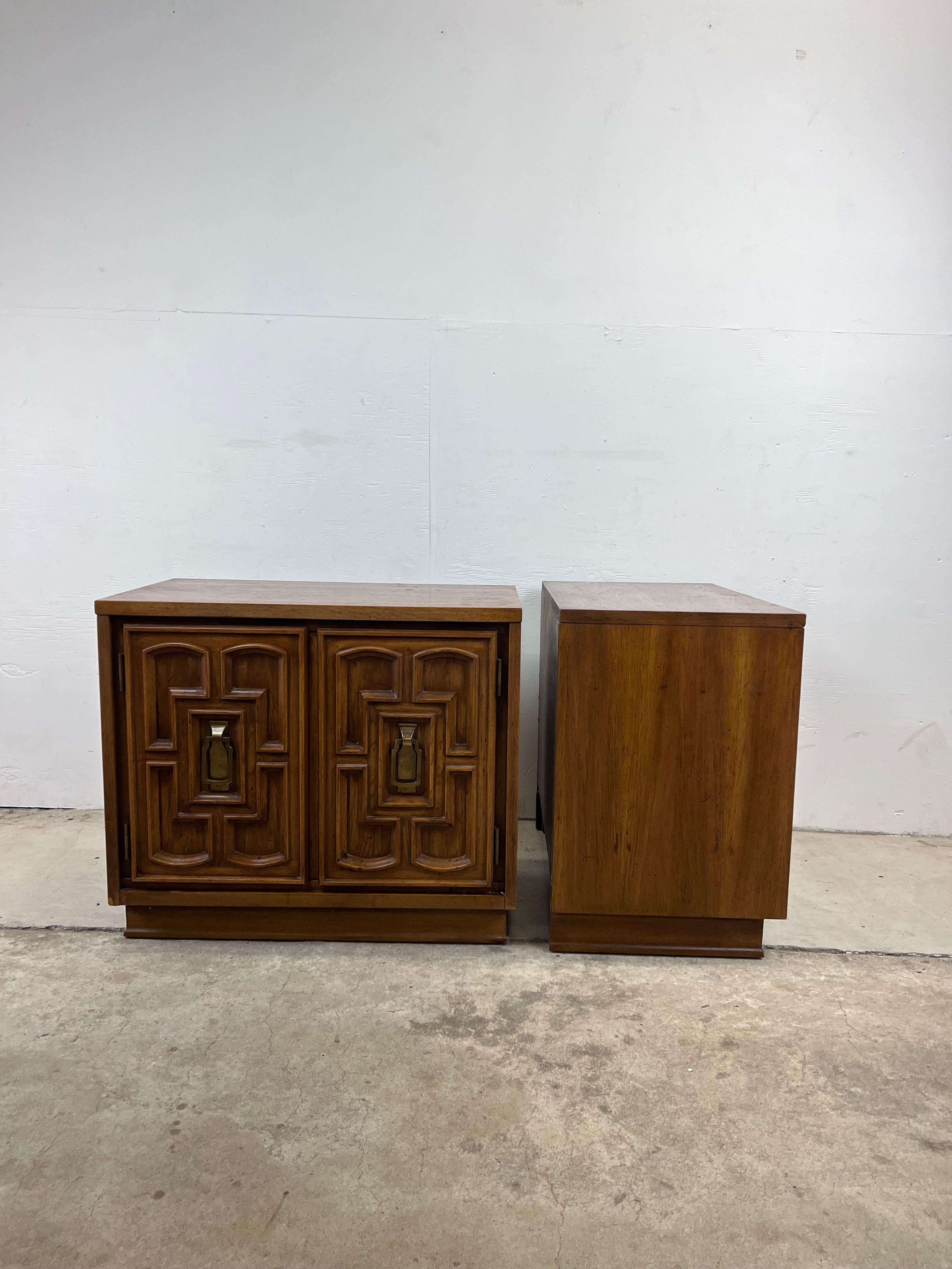 Oak Pair of Mid Century Spanish Revival End Table Cabinets by Bassett