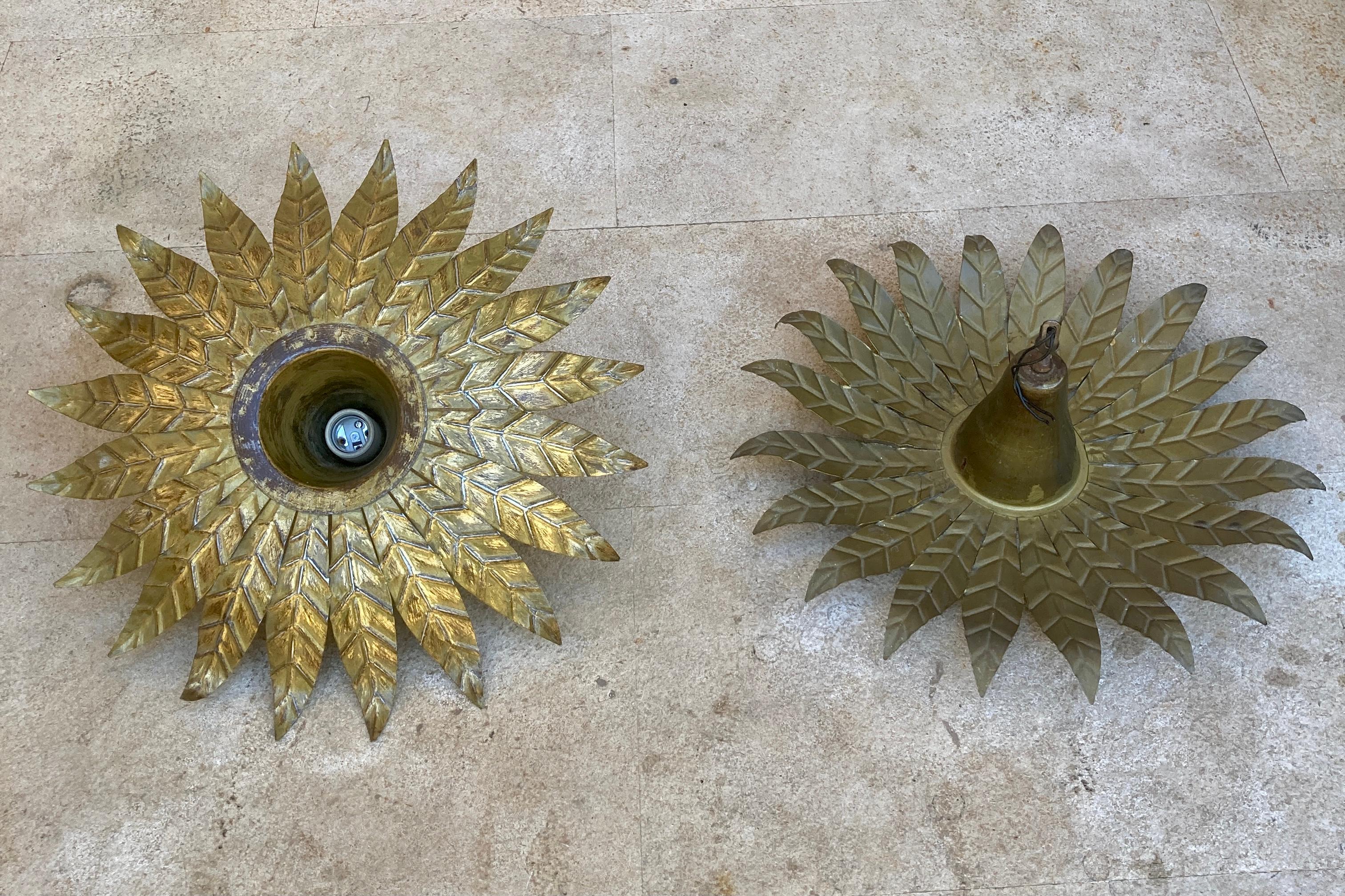 Space Age Pair of Mid-Century Spanish Sunburst Ceiling Light Fixture or Wall Sconce in Wro For Sale