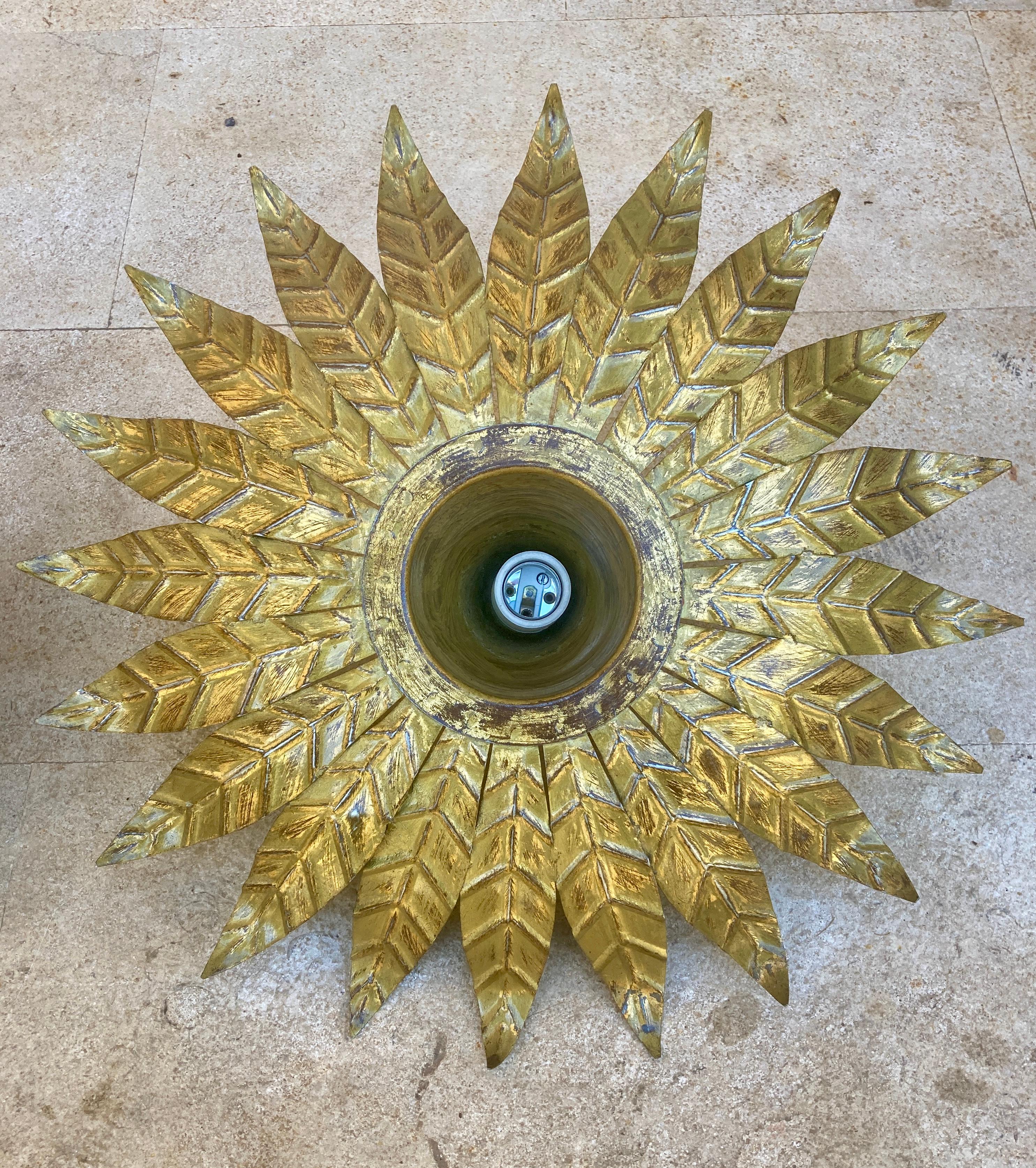 Pair of Mid-Century Spanish Sunburst Ceiling Light Fixture or Wall Sconce in Wro In Good Condition For Sale In Miami, FL