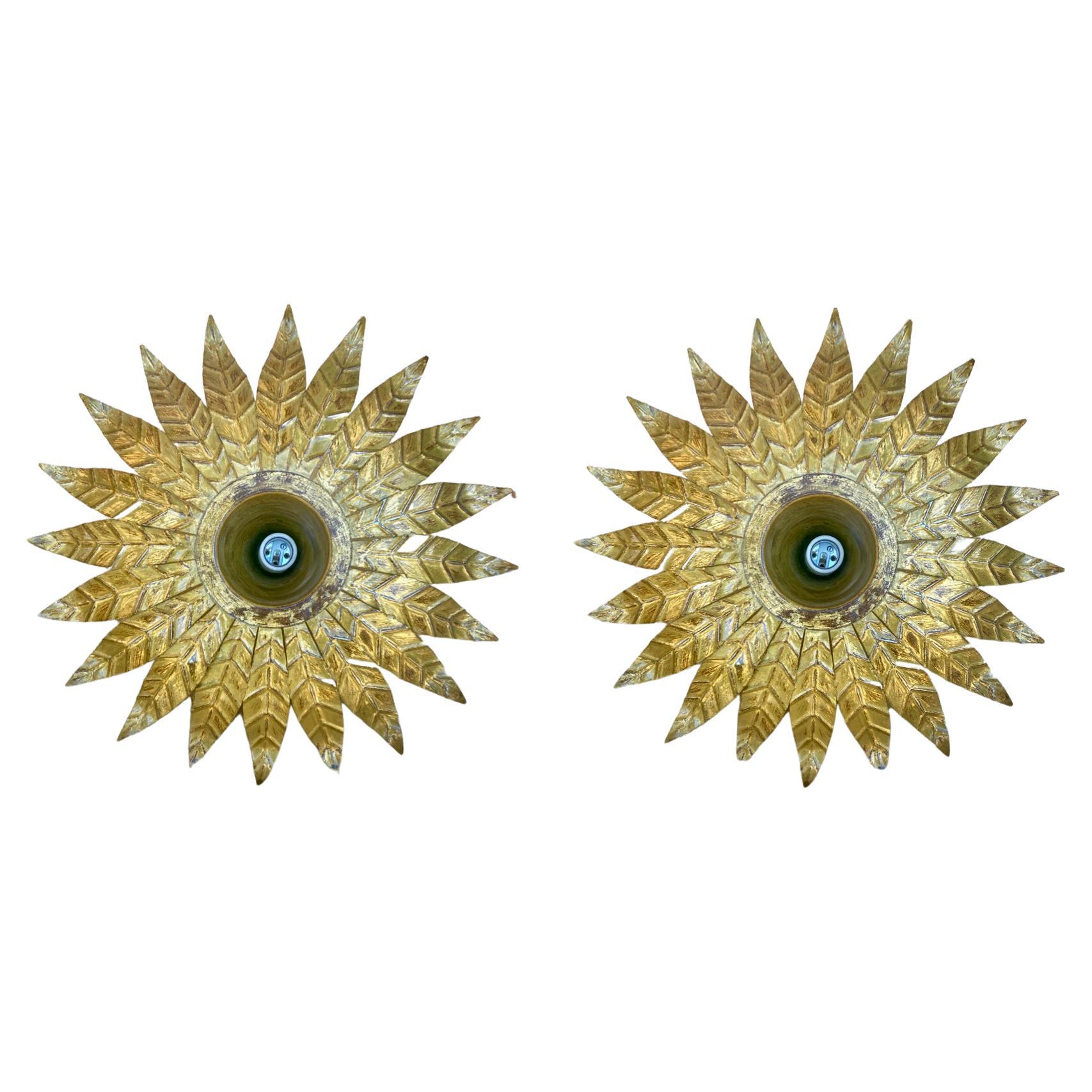 Pair of Mid-Century Spanish Sunburst Ceiling Light Fixture or Wall Sconce in Wro For Sale