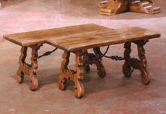 Pair of Mid-Century Spanish Walnut Trestle Tables-Benches with Iron Stretchers