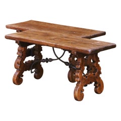 Pair of Mid-Century Spanish Walnut Trestle Tables-Benches with Iron Stretchers