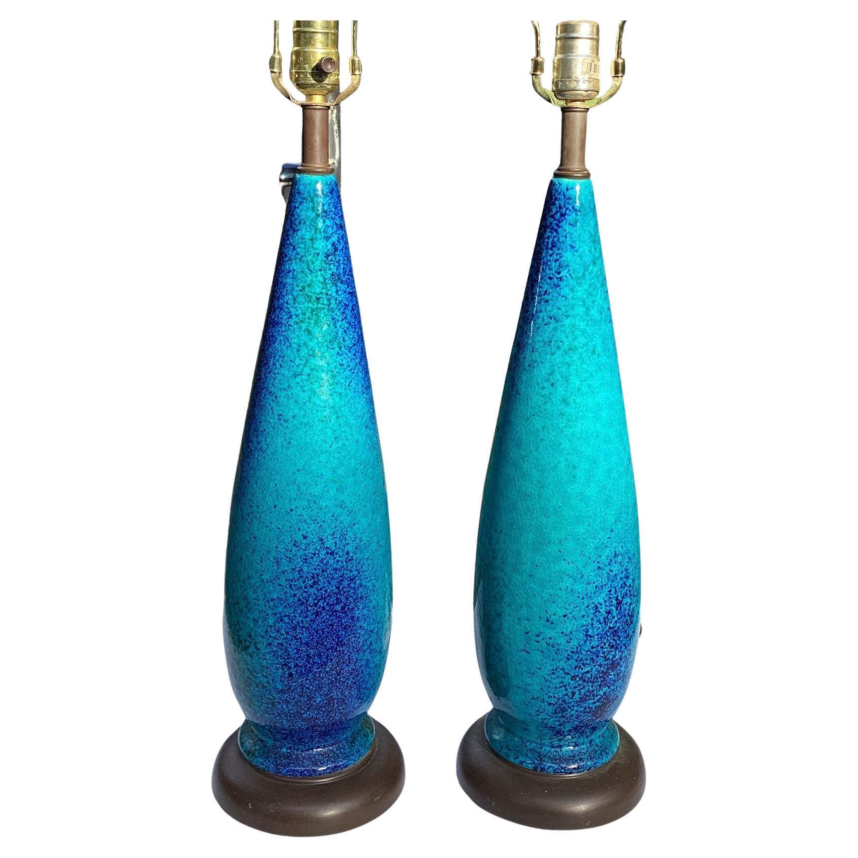 Pair of Mid Century Speckled Blue Lamps
